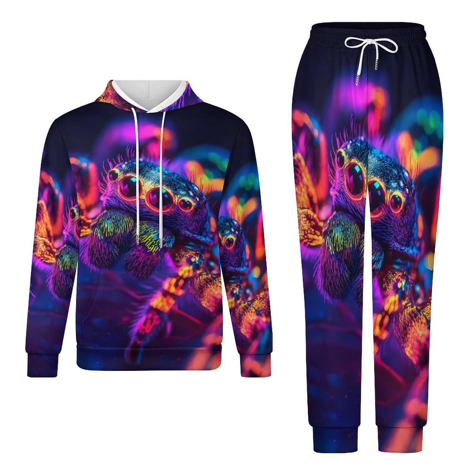 Neon Glowing Spider - Conjunto de sudadera de 2 piezas para hombre, conjunto de chándal casual, sudadera cómoda con capucha