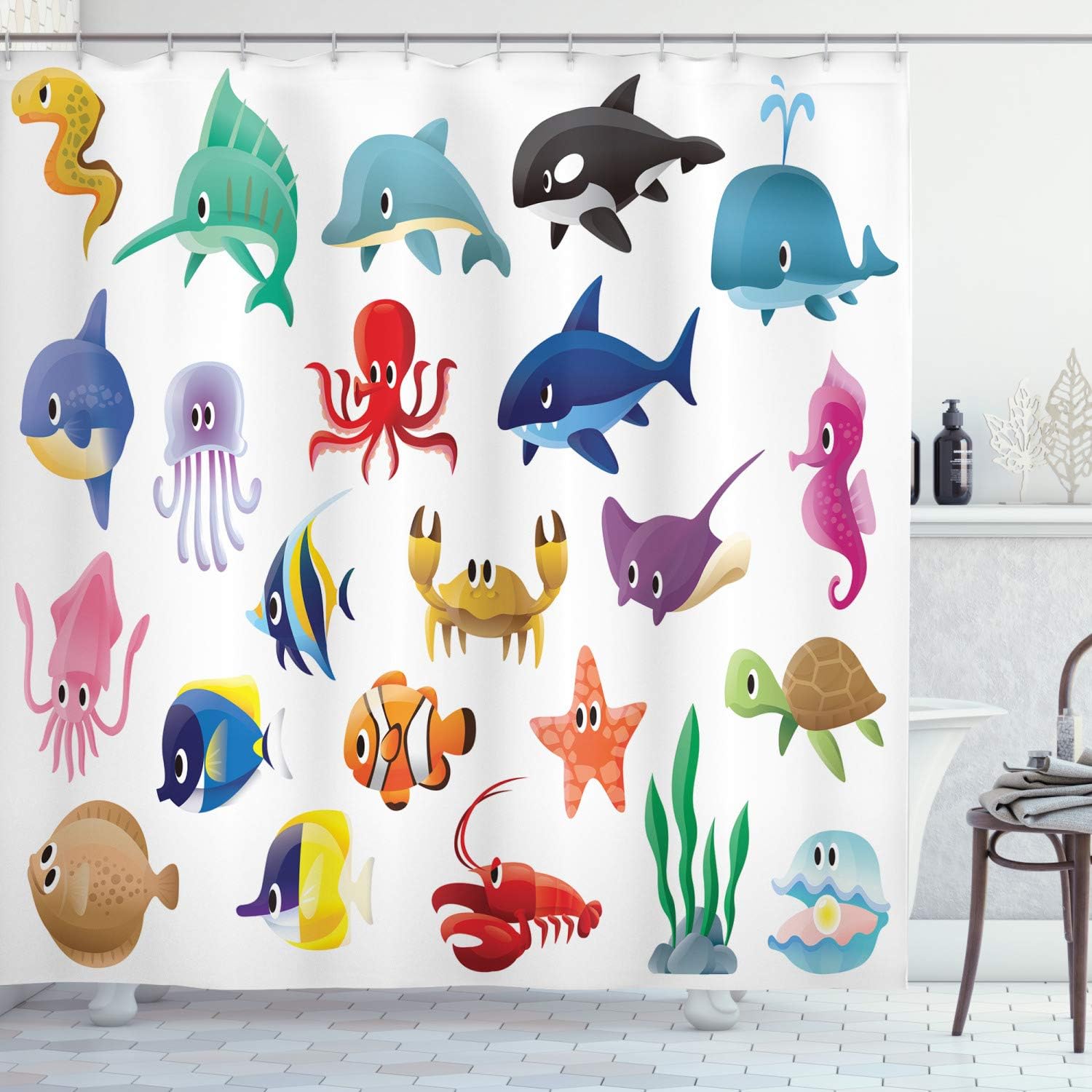 Ambesonne Whale Shower Curtain, Variety of Marine Organisms Stingray Squid Sea Star Seahorse Sailfish Lobster Artwork, Cloth Fabric Bathroom Decor Set with Hooks, 69" W x 70" L, White Multicolor