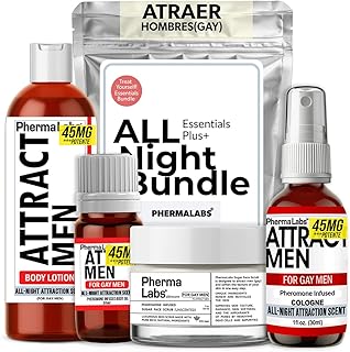 Gay Toda La Noche Feromonas Colonia Esencial Bundle Plus: Colonia, Exfoliante Facial sin perfume, Aceite Corporal y LociÃ³n Corporal (4 artÃ­culos) - para Ã©l [atraer hombres]