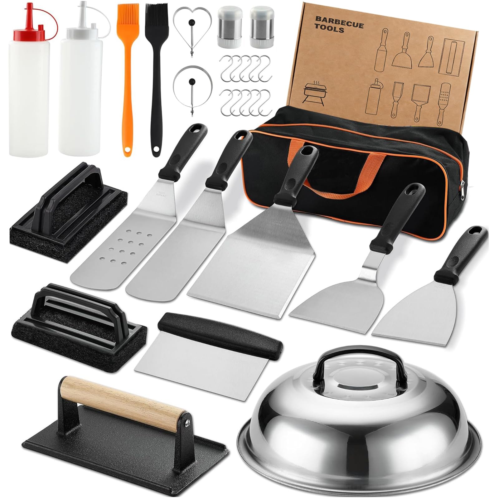 29PCS Griddle Accessories Kit, Flat Top Grill Accessories Set, Flat Top Grill Accessories Tools with Metal Spatula Set, Burger Press, Melting Dome, Scraper, Tongs, Carry Bag for Outdoor BBQ