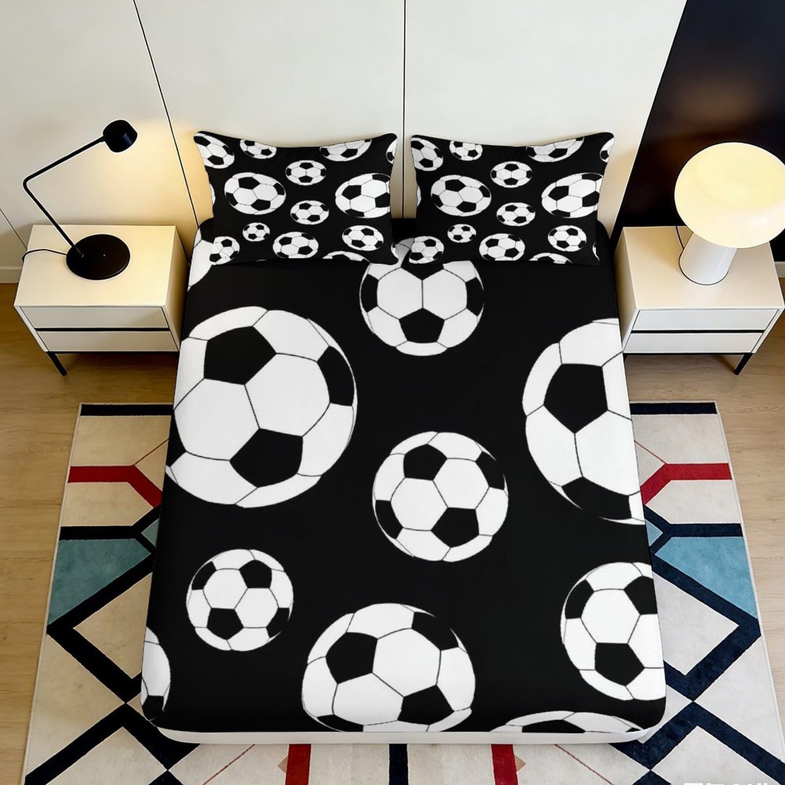 3D Printed Soccer Ball Fitted Sheet Microfiber Soft Black White Football Mattress Cover for Bedroom Dorm Easy Care 90x200x25cm