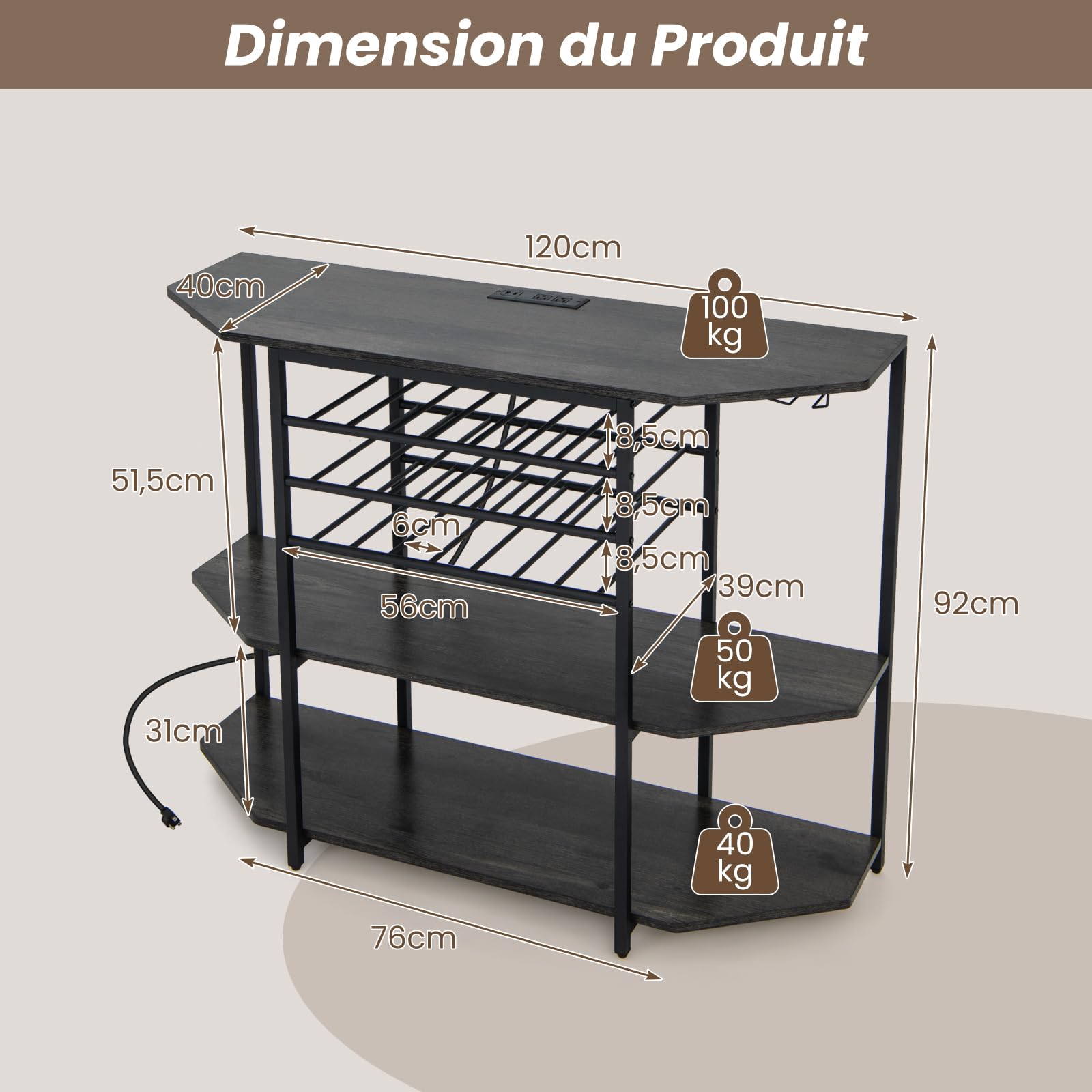 GOPLUS - Portabotellas con estación de carga integrada, mueble de bar de 3 niveles con estantes abiertos espaciosos y armario para botellas de vino, adecuado para cocina, comedor (Brown Industri)