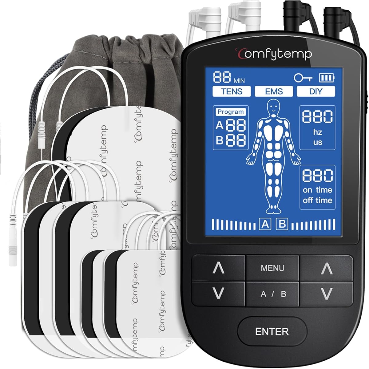 Comfytemp 4 Kanäle 8 Elektroden TENS/EMS/DIY Gerät Schmerztherapie mit 24 Modi, Massage für Arm,Bein,Rücken,Schulter,Nacken mit 10 Elektroden Pads K6106