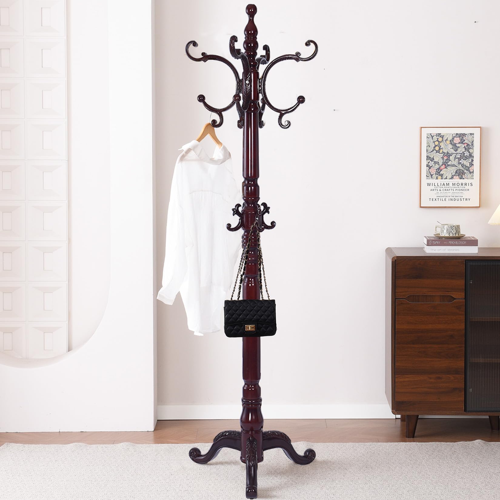 Wooden Coat Racks, Retro 78" Coat Tree with 12 Hooks & Stable Triangular Base, Entryway Coat Rack Freestanding for Hat, Clothes, Scarves, Handbags, Umbrella (Mahogany)