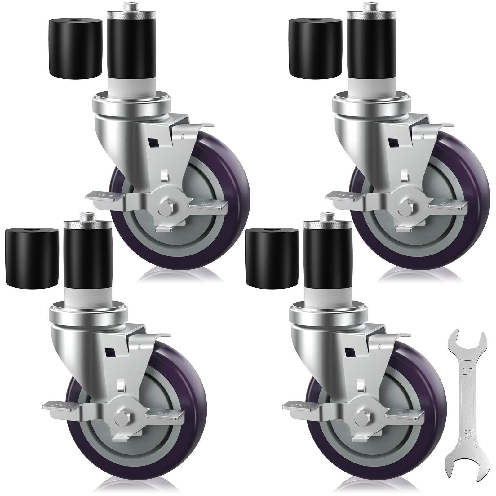4 inch Prep Table Casters Set of 4 for Commercial Kitchen Prep Tables, Expanding Stem Caster Wheels for Table Legs All with Brake Fit 1-1/2" and 1-5/8" Inner Diameter Leg Tube Adapter Caster