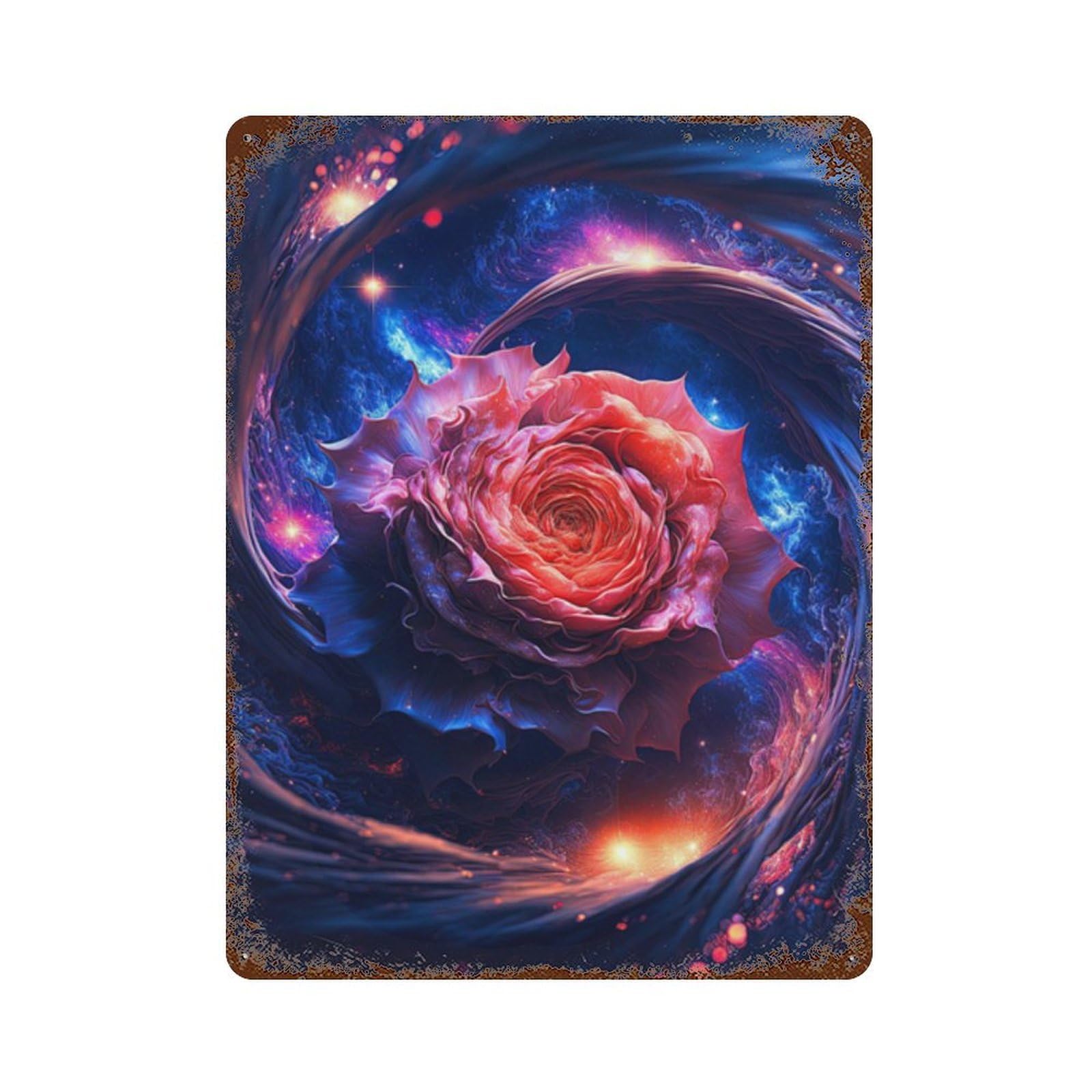 Decorative Tin Sign with Cosmic Rose Bloom-2 Design 15.7"x11.8", for Basement, Hobby Room And Garage Decor, Farmhouse Wall Decor