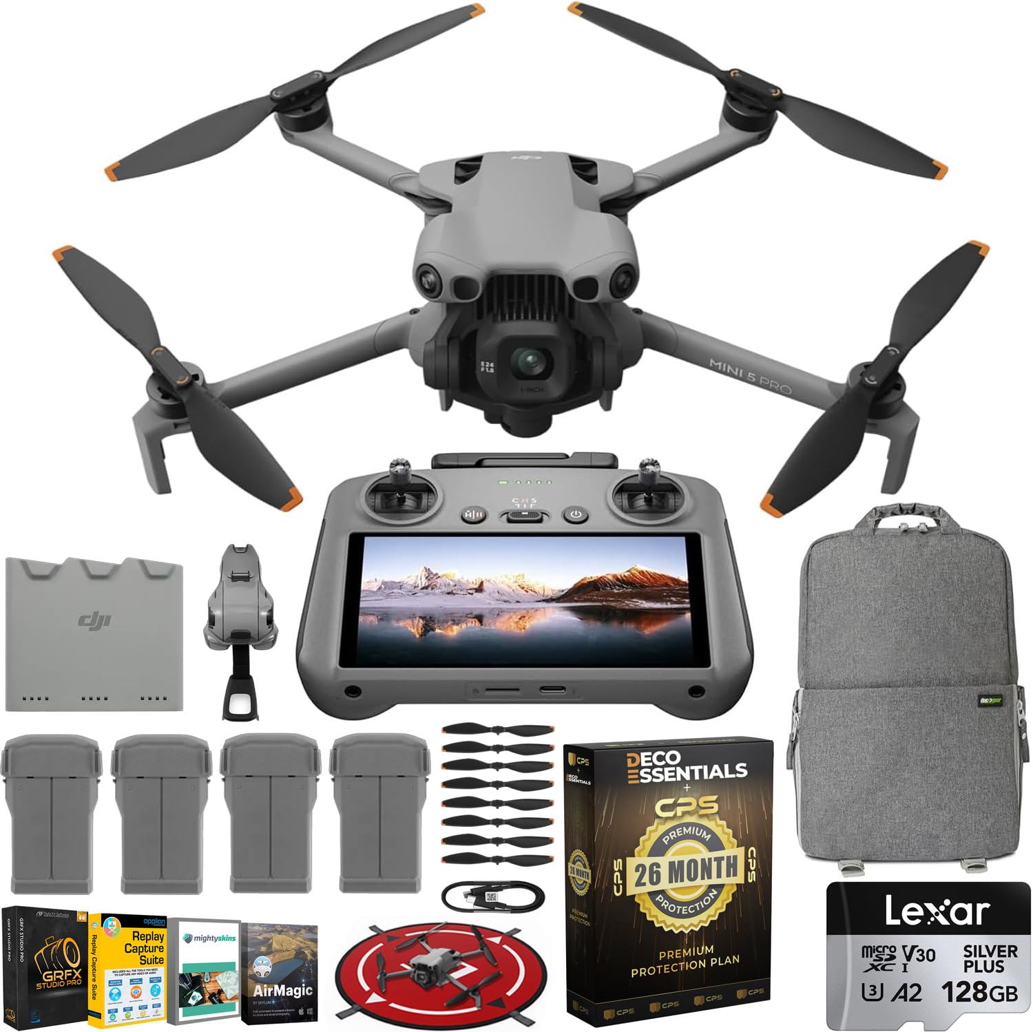 DJI Mini 5 Pro Drone Fly More Combo (RC 2) 1" CMOS Sensor, 4K Video, Obstacle Sensing, 4 Battery Bundle with Deco Essentials CPS Exclusive 26 Month Protection Pack, Software & Accessory Kit