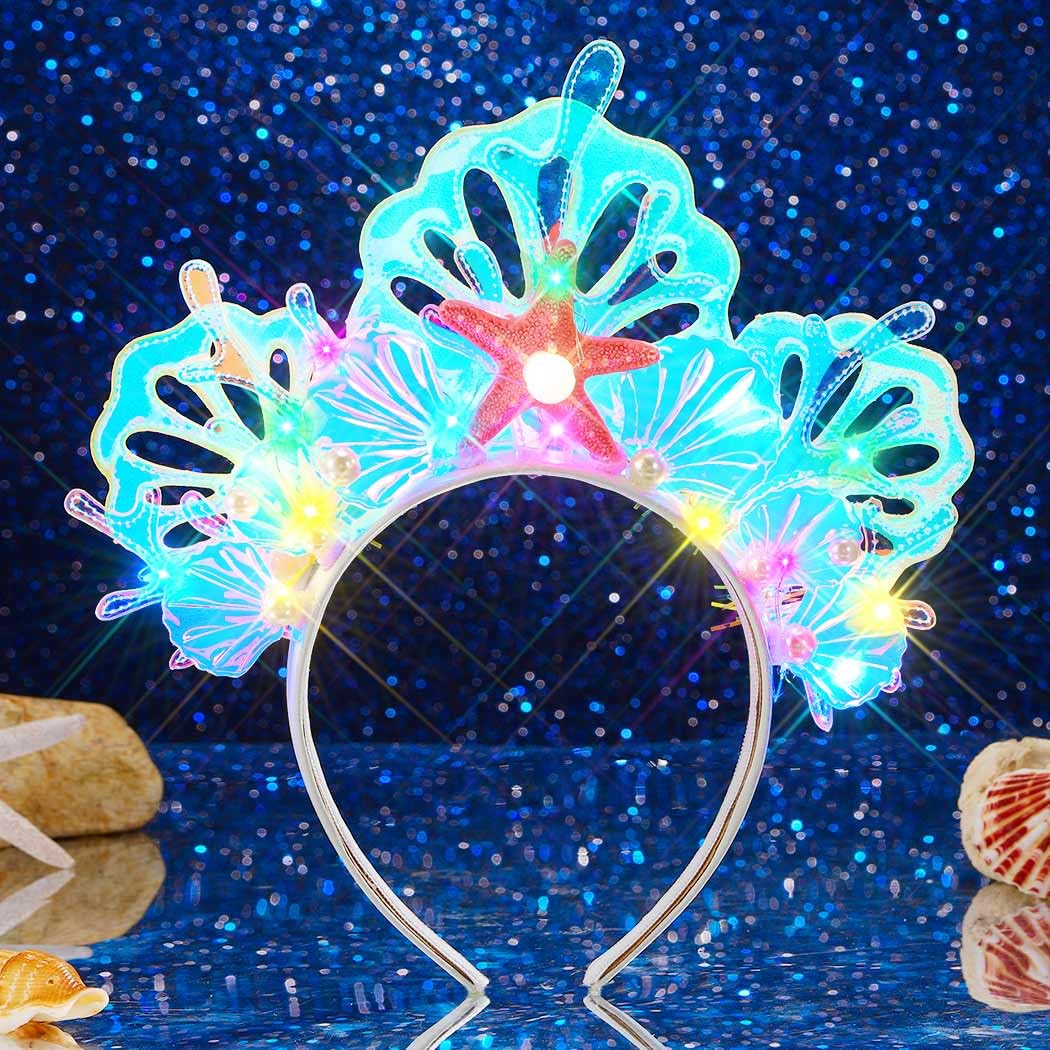 Handcess Light up Shell Headband LED Starfish Hair Band Glitter Glowing Hair Hoop Party Rave Hair Accessories for Women