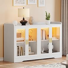 DWVO 55'' Sideboard Buffet Cabinet with LED Light, Coffee Bar Cabinet with 4 Doors & Adjustable Shelves, Large Storage Cabinet for Kitchen, Dining Room, Living Room, White