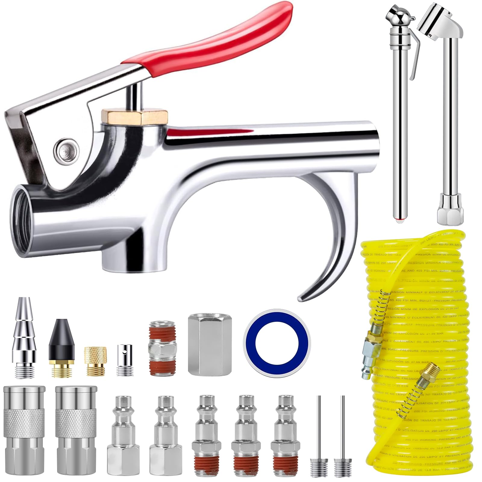 20-Piece Air Compressor Accessory Kit, Deluxe Air Compressor Accessory Kit, Air Compressor Hose w/PE Backflush Hose, Heavy Duty Blow Gun, Air Tools, Swivel Plug, Nozzle Plate & Needle w/Storage Case