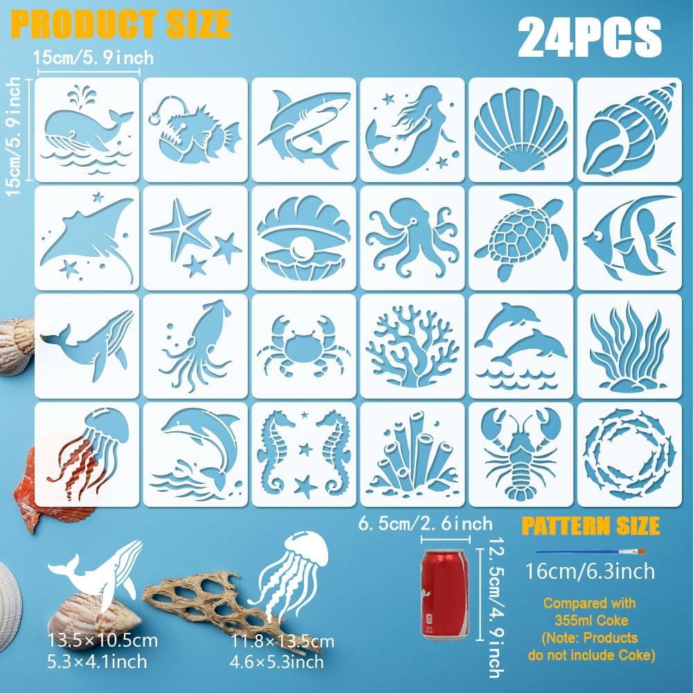 FINGERINSPIRE 24PCS Marine Organisms Painting Stencil with a Brush 5.9x5.9inch Ocean Theme Stencils Reusable PET Drawing Templates for DIY Canvas Furniture Home Wall Decor