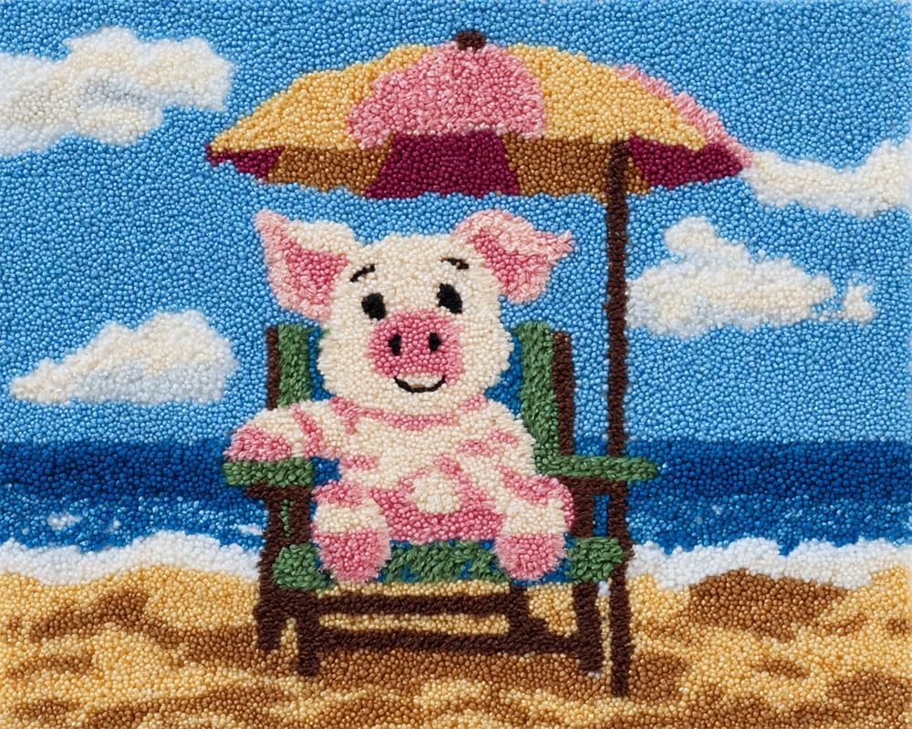 Latch Hook Rug Kits For Adults Beginners Cute Pig Sitting On A Beach Chair Diy Craft Doormat Rug Making Kit Tapestry Cushion Knitting Patterns Printed Mesh Mat Canvas Wool Yarn Fabric Gift 39X55In