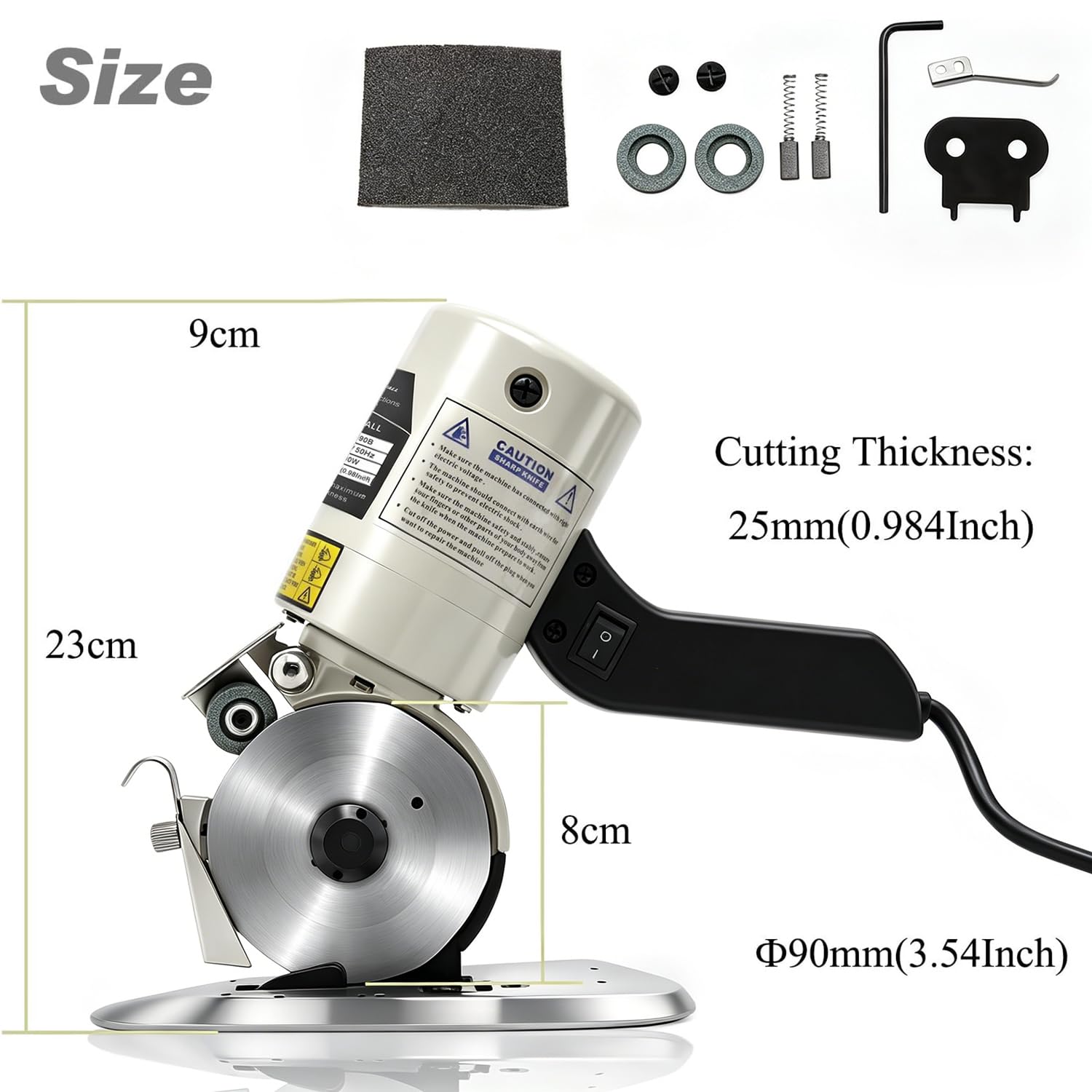 CGOLDENWALL YJ-90B Cortador de Tela Industrial Eléctrico Portátil丨30mm Grosor Máximo de Corte丨90mm Tamaño de Cuchilla丨Ideal para Textil Cuero Papel con Cuchilla Repuesto