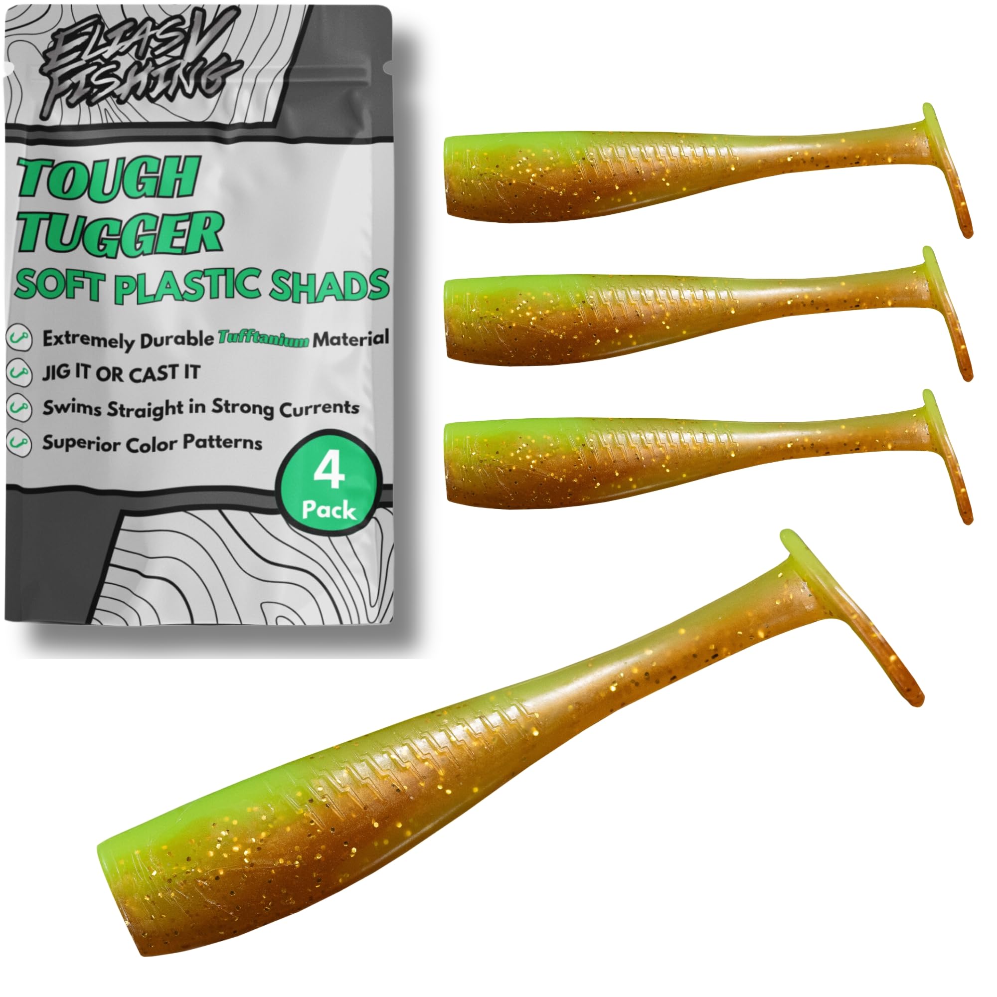 EliasV Fishing Tough Tugger Paddle Tail Swim Baits - Ultra Durable Soft Plastic Paddletail TuffTanium Swimbaits for Bass Fishing