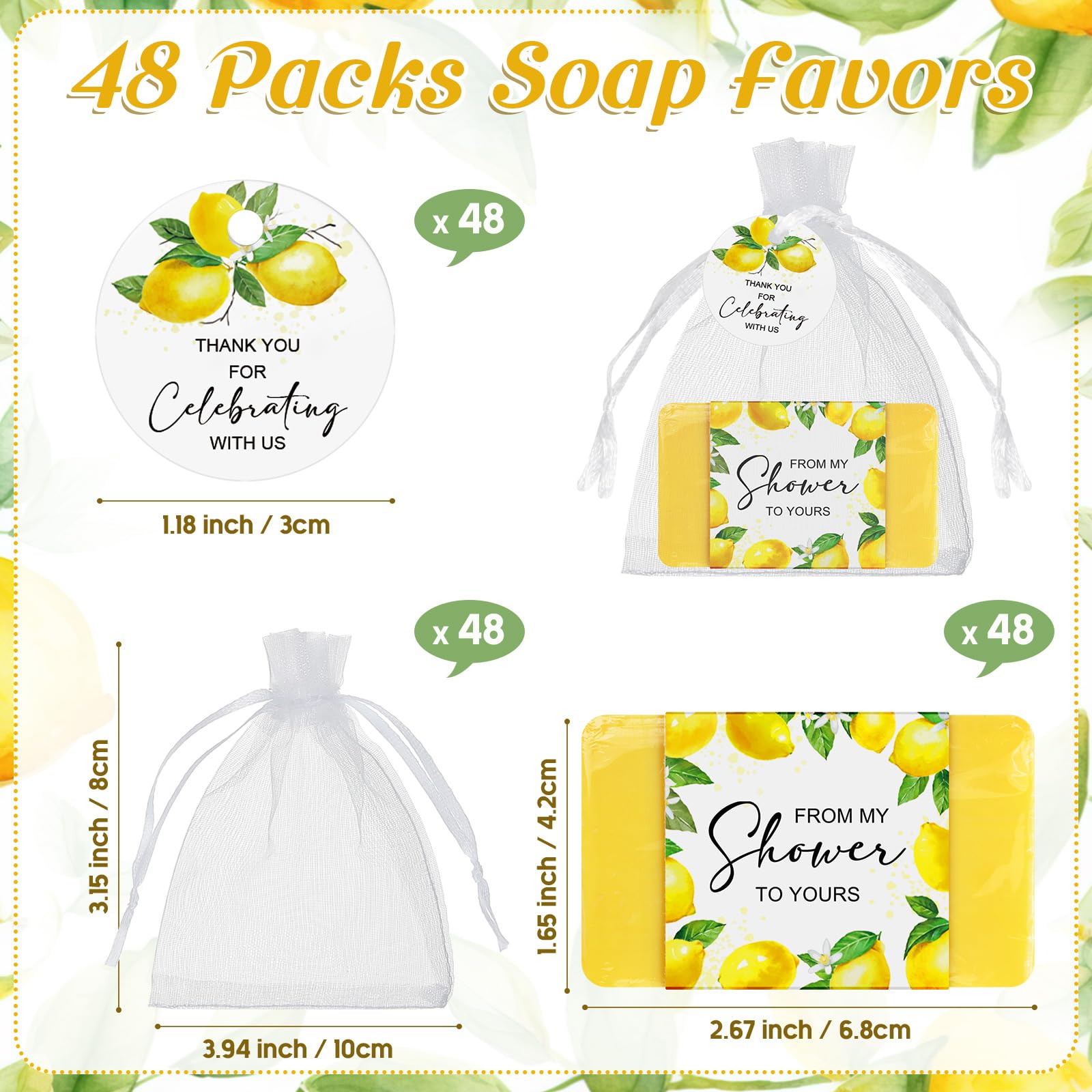 Queekay Lot de 48 mini savons parfumés pour fête prénuptiale avec étiquettes de remerciement et sacs en organza pour fille et garçon (citron)