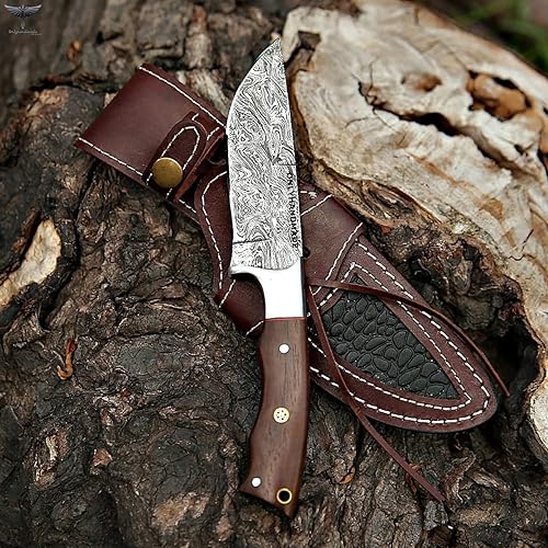 ONLYHANDMADE Hermoso cuchillo de Damasco hecho de notable acero de Damasco y madera de rosa y mango de hueso, es un cuchillo de caza con funda
