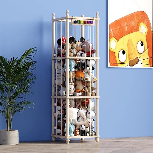 Organizador de almacenamiento de juguetes de madera para almacenamiento de animales de peluche, diseño mejorado de puf, hamaca de animales de