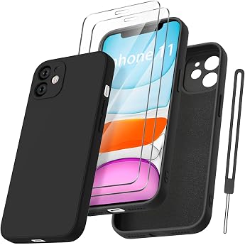 Qasyfanc Mobile Phone Case for iPhone 11 Silicone Case with 2 Protective Films Ultra Microfibre TPU Liquid Silicone with Camera Protection Scratch-Resistant All-Round Protection 6.1 Inches Black