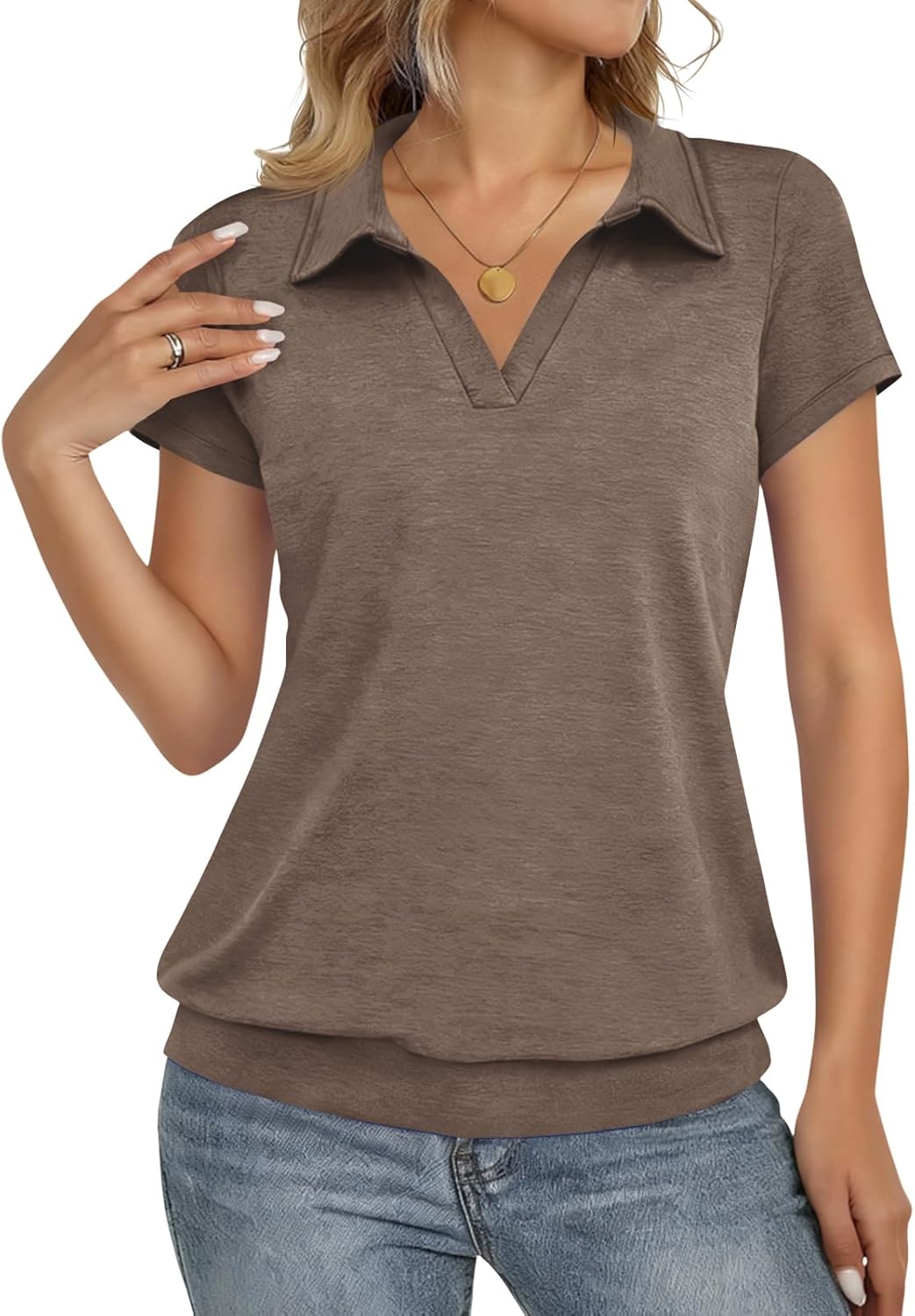 Fisoew Womens Polo Shirts Short Sleeve Banded Bottom Tops Casual Loose Collared V Neck Blouses
