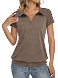 Fisoew Short Sleeve Polo Shirts for Women Tennis Golf Shirt Business Casual Loose Collared V Neck Top Blouses