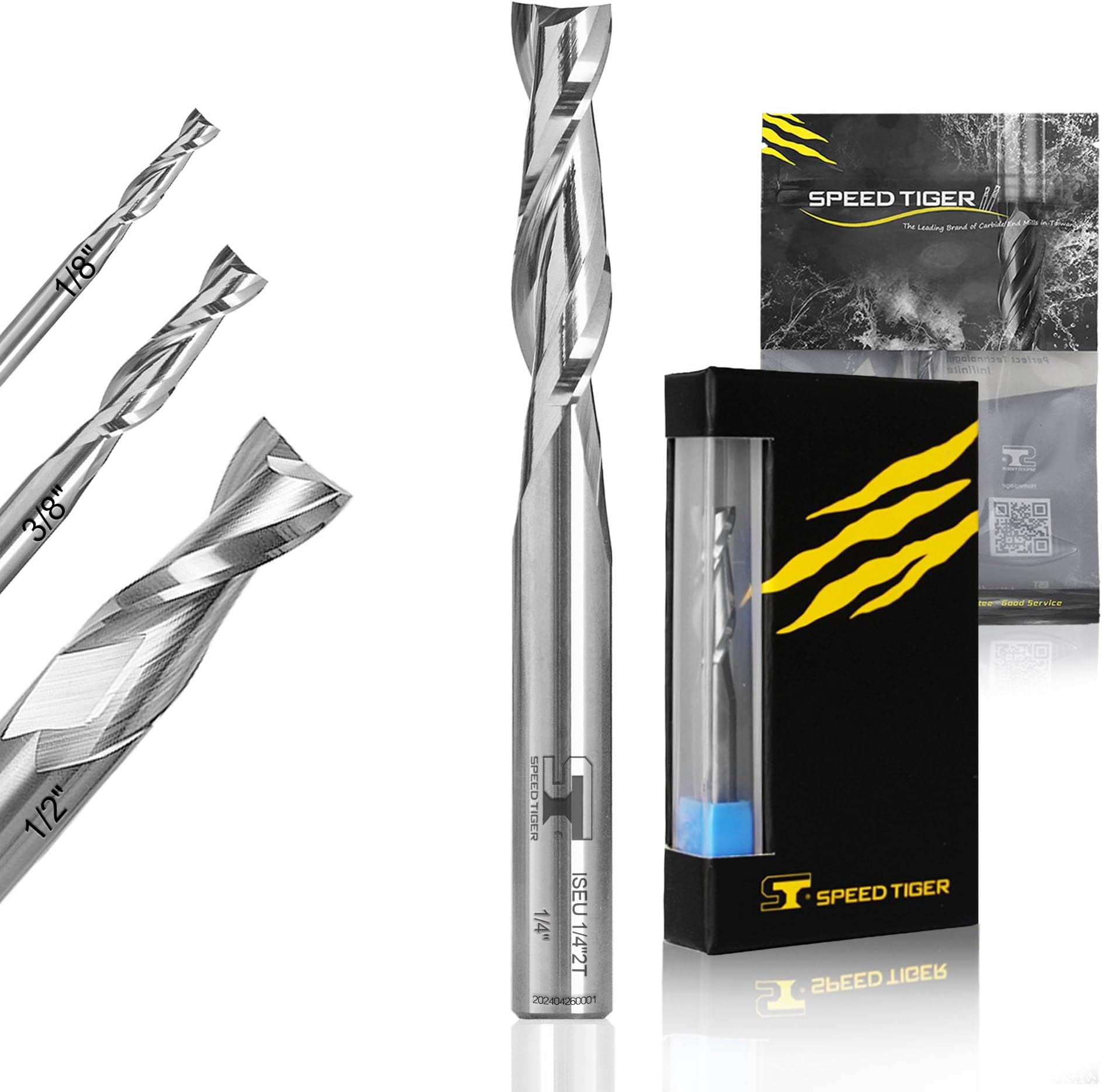 SPEED TIGER Carbide Spiral Router Bits Up Cut - ISEU1/4” Diameter, 1” Cutting Length, 2-1/2"OVL (1 Piece, 1/4") - for Wood, Oak, MDF, Aluminum – Mill Bits Sets for DIYers & Professionals