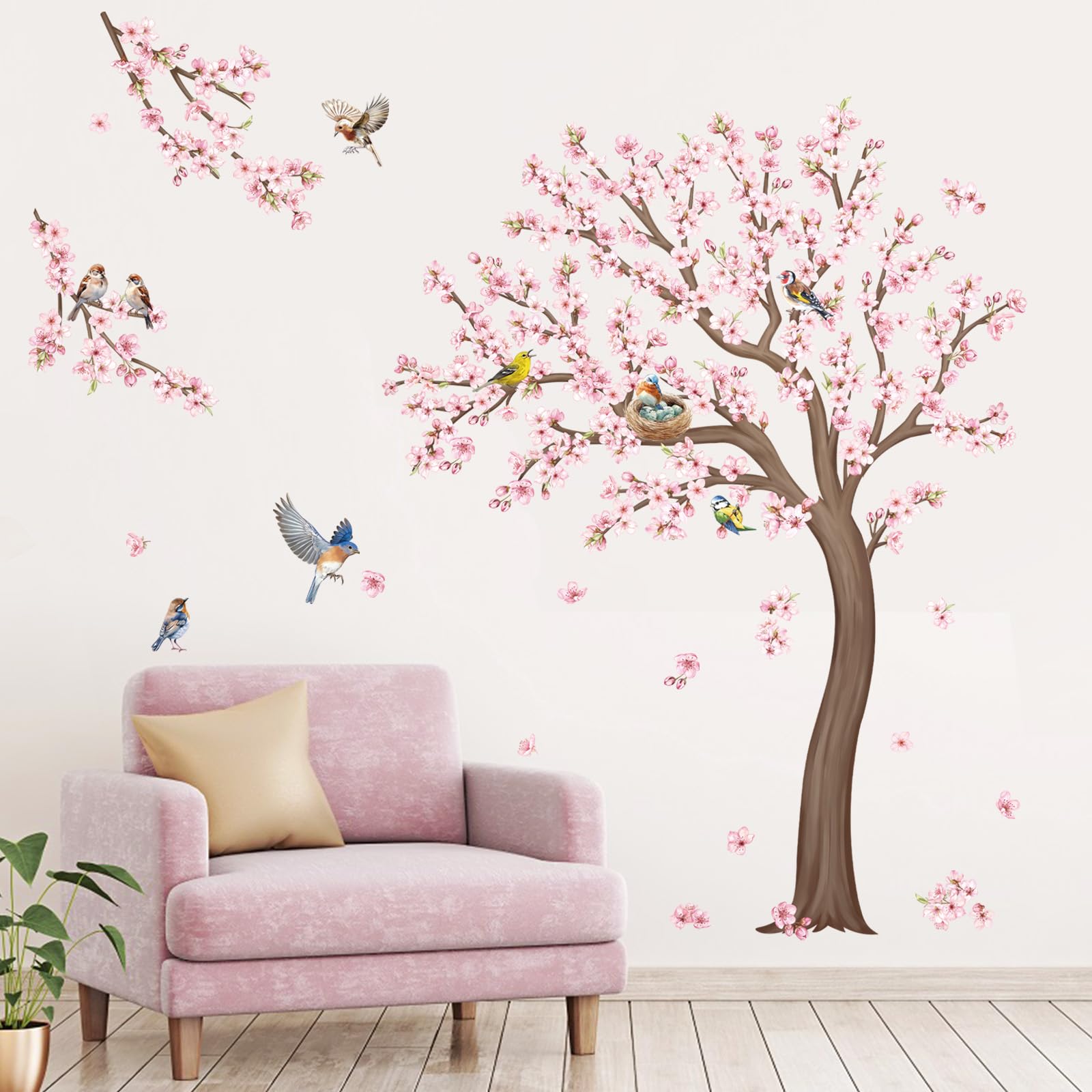 decalmile Large Cherry Blossom Tree Wall Stickers Pink Flower Birds Tree Branch Wall Decals Living Room Girls Bedroom Baby Nursery Wall Decor(H: 59 inches/150 cm) - Image 3