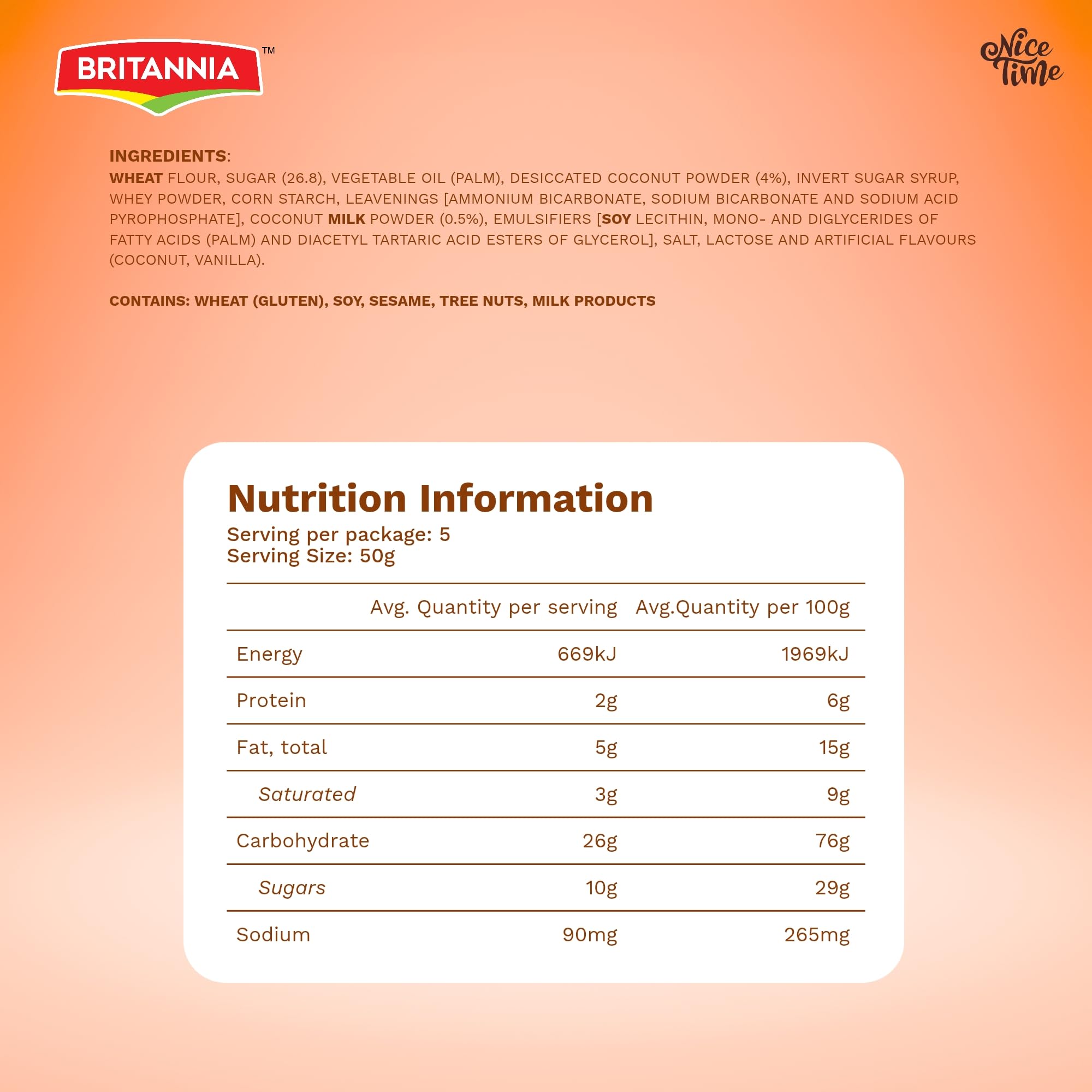 Britannia Nice Time 16.9oz (480g) - Delicious Coconut Biscuit Crunchy - Kids Favorite Breakfast & Tea Time Snacks (Pack of 6 * 80)