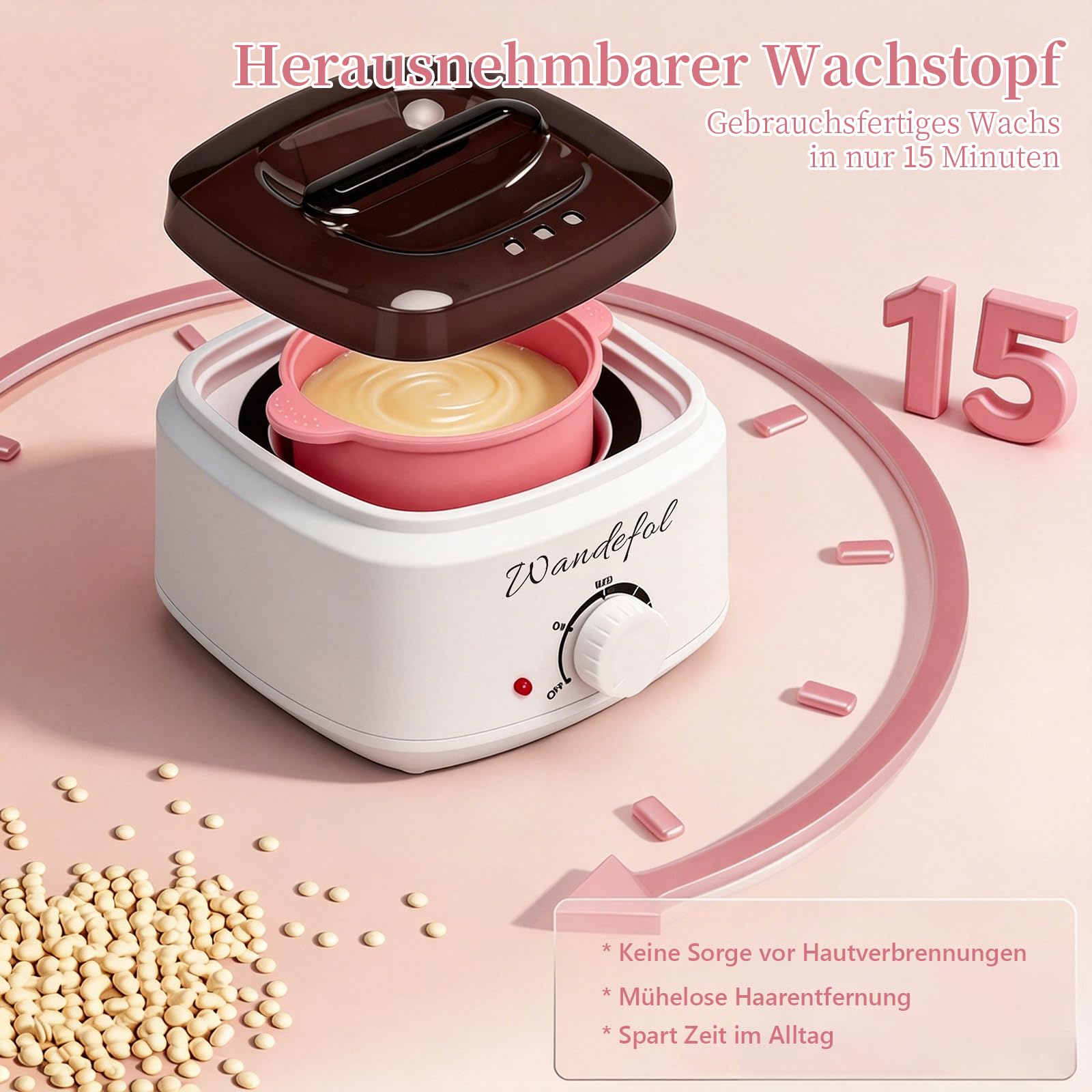 Waxing Set Wax Maschine - Warmwachs Haarentfernung Waxing Kit mit 4X100g Waxing Perlen, Silikonschale, Holzspateln - Wachswärmer Wachskocher für Gesicht, Körper & Intimbereich