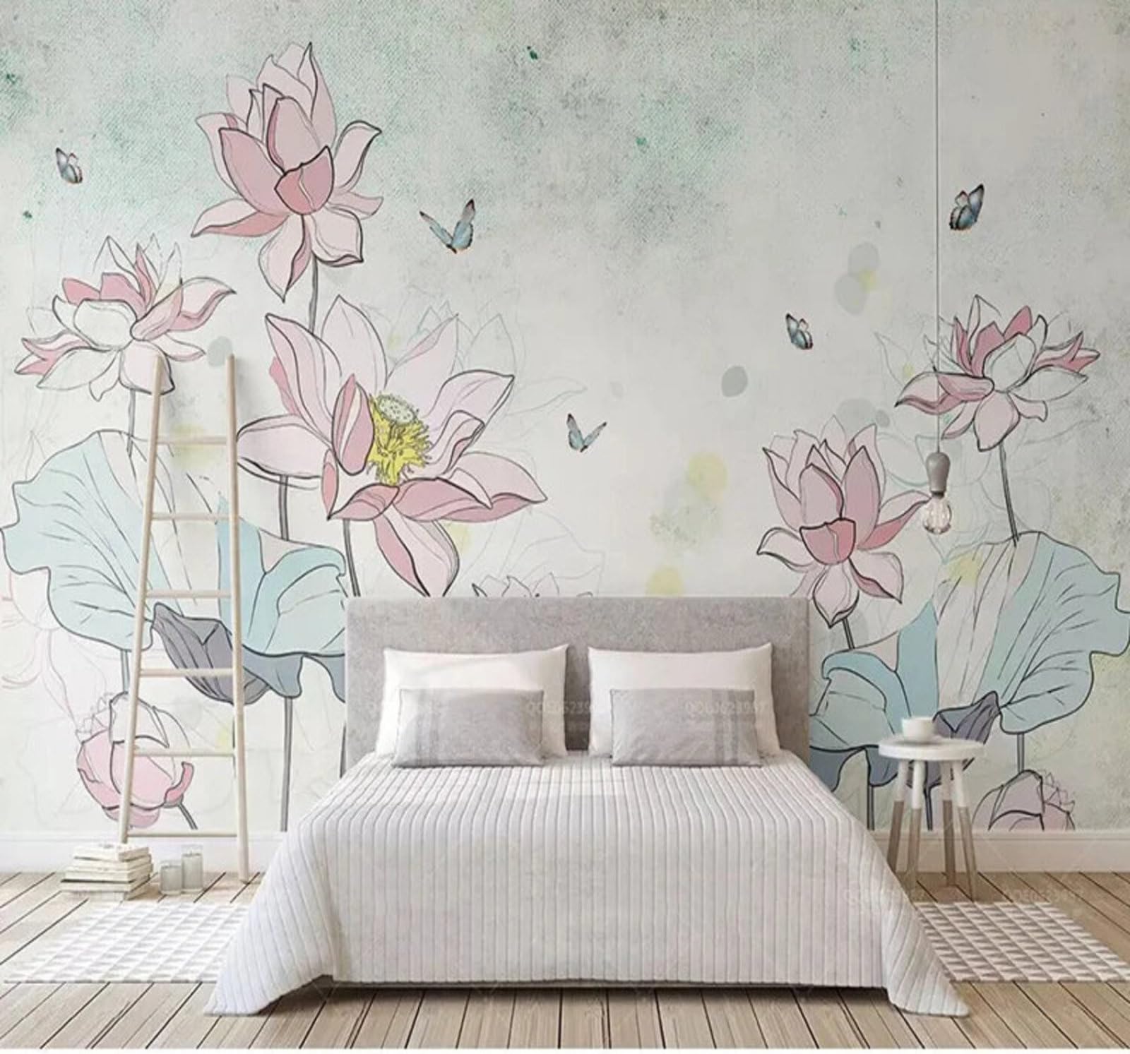 Hand Drawn Retro Simple Lotus Butterfly 3D Wallpaper Easy Install Feature Office Living Room Sofa Bedroom TV Background Wall Decoration-300cm×210cm