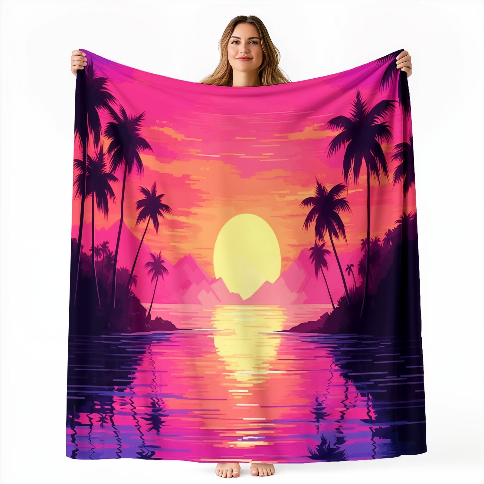 Decke Flanell 150 x 200 cm Geschenke für Frauen und Männer - Aquarell Palmen Sonnenuntergang Meer Witzige Geschenke für Freunde zu Weihnachten und Geburtstag, Rosa Schwarz