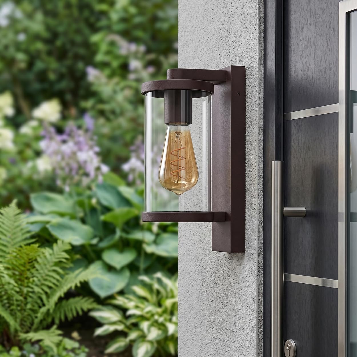 HOFSTEIN Außenwandleuchte Telhada, Außenwandlampe aus Metall/Glas in Rostfarben/Klar, moderne Wandleuchte Down im Retro/Vintage/Industrial-Stil, E27, IP44, Eingangsbereich, Haustür, Hof