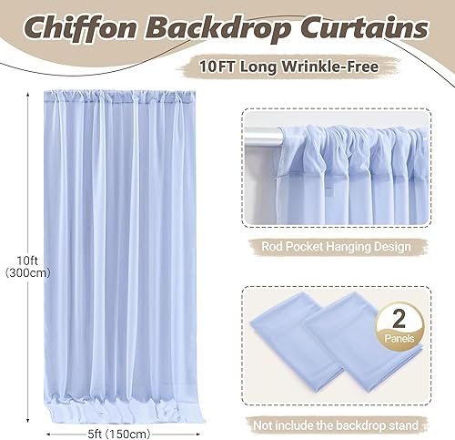 Miniatura 3 de Cortinas de fondo azul bebé de 10 pies x 10 pies, tela de gasa chiffon transparente sin arrugas, tela de fondo fotográfico drapeada para arco de