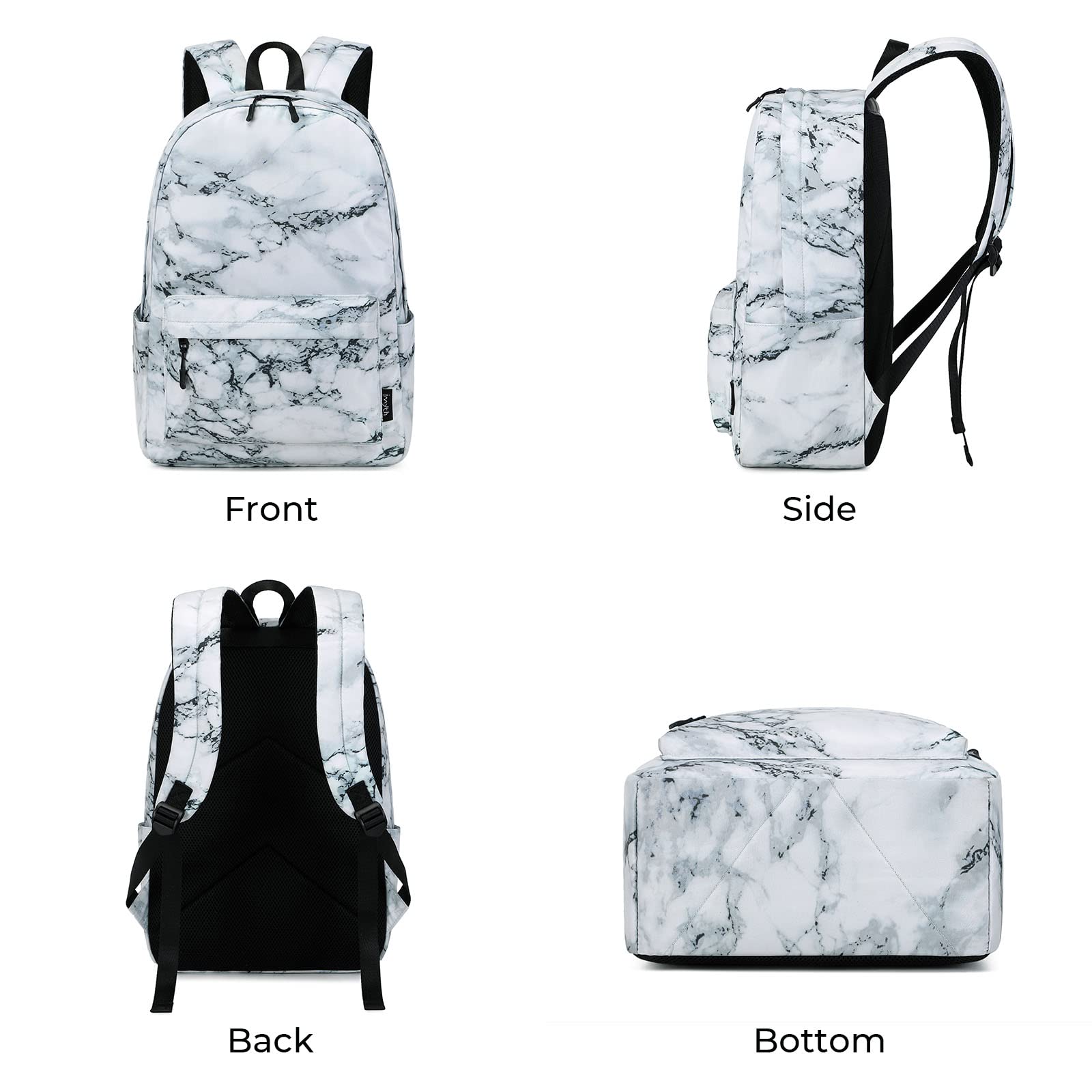 Imyth Mochila para adolescentes, regalo escolar, bolsa de almuerzo, bolsa de lápices, juego 3 en 1, Mármol Blanco, L, Escuela