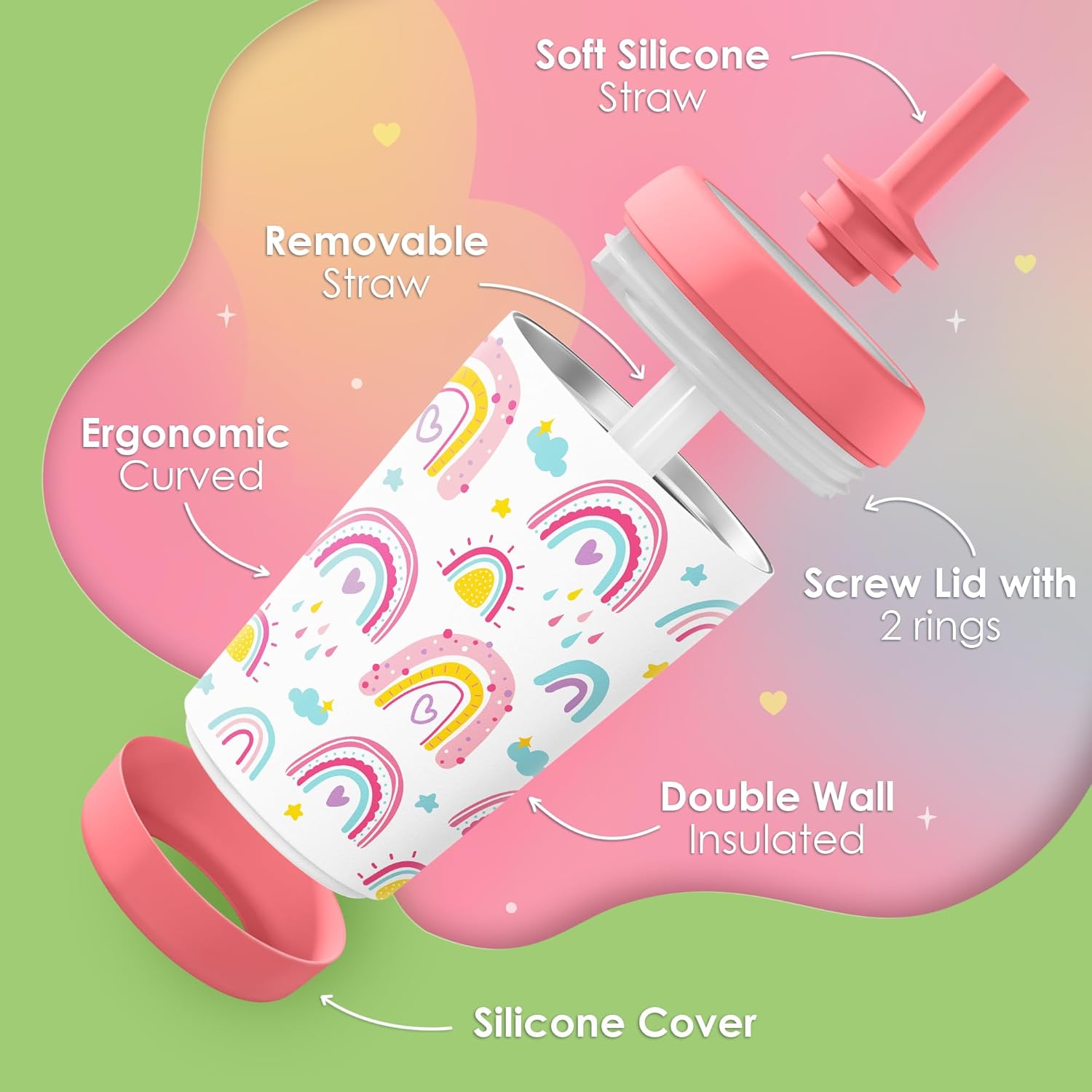 Kid Insulated Stainless Steel Tumbler with Silicone Straw, 12oz Sippy Cup for Kids (Sweet Rainbows) - Image 3