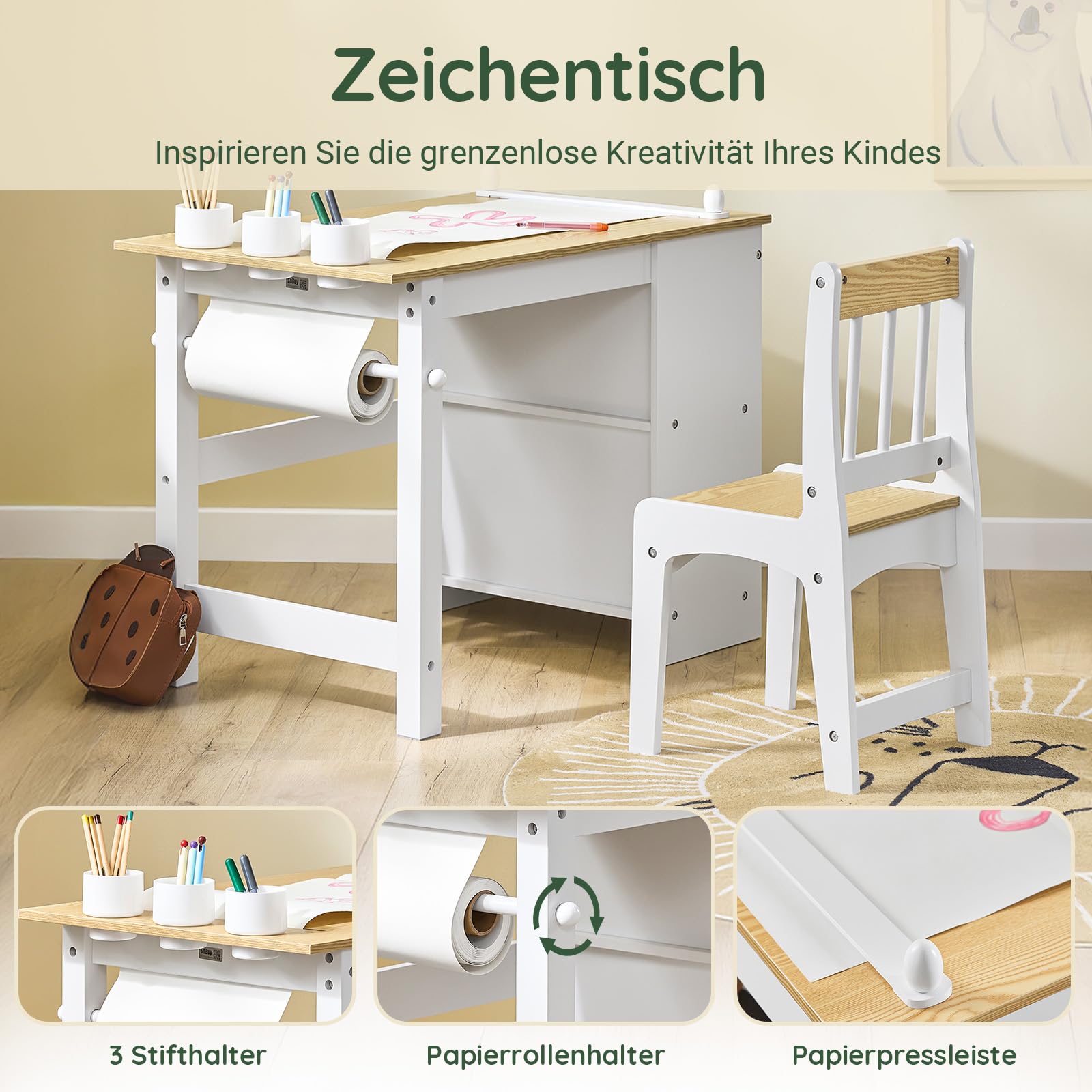 SoBuy Kindertisch mit 1 Stuhl, Kindersitzgruppe mit 1 Papierrollenhalter, Kinder Tisch Stuhl Set, Spieltisch und Maltisch für Kinderzimmer, Maltisch für Kinder, Weiß und Natur 80x66x50 cm KMB60-WN
