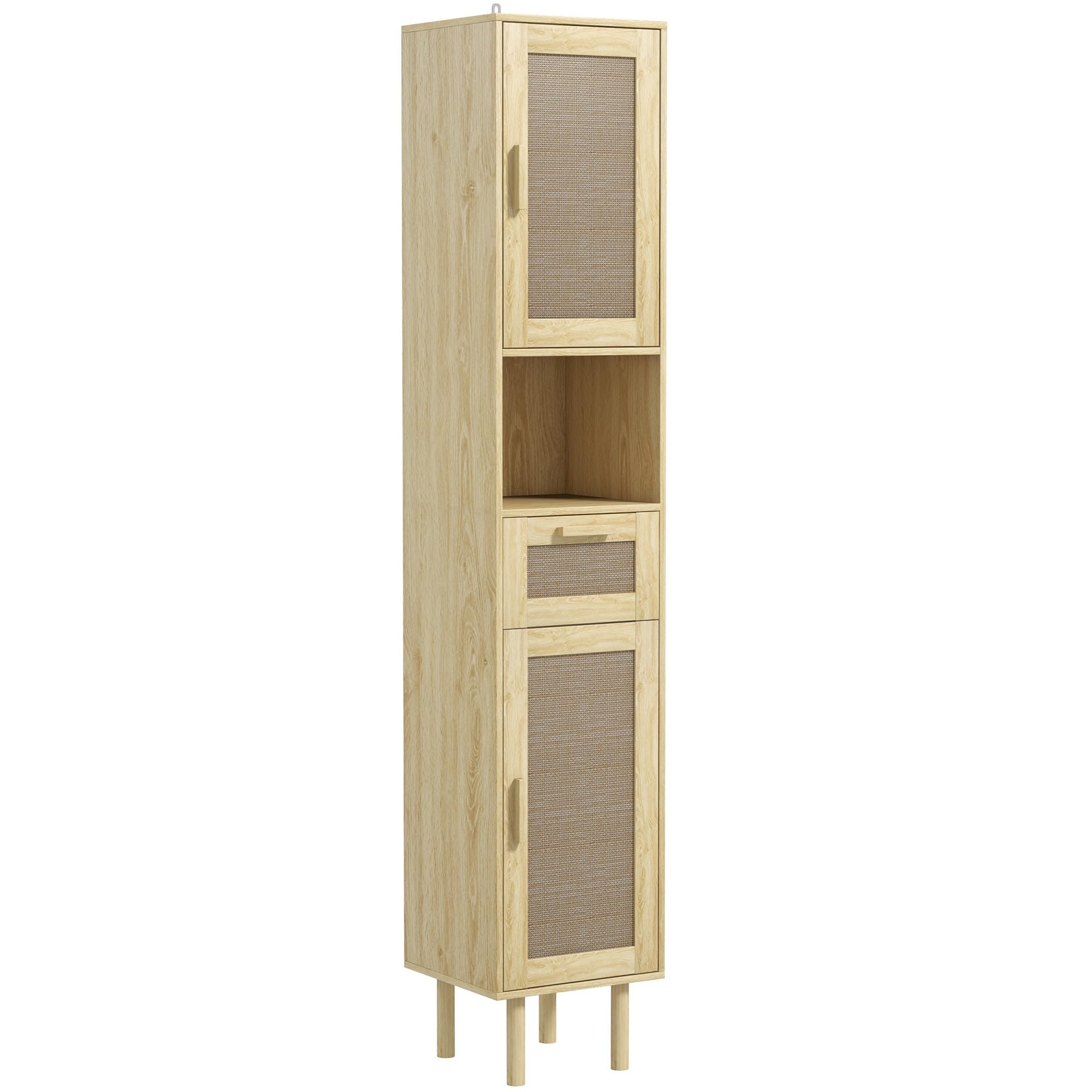 HOMCOM Meuble Salle de Bain, Colonne Rangement Salle de Bain, avec Portes en rotin, étagère Ouverte, tiroir, 2 placards, 32 x 30 x 170 cm, Effet Bois de chêne