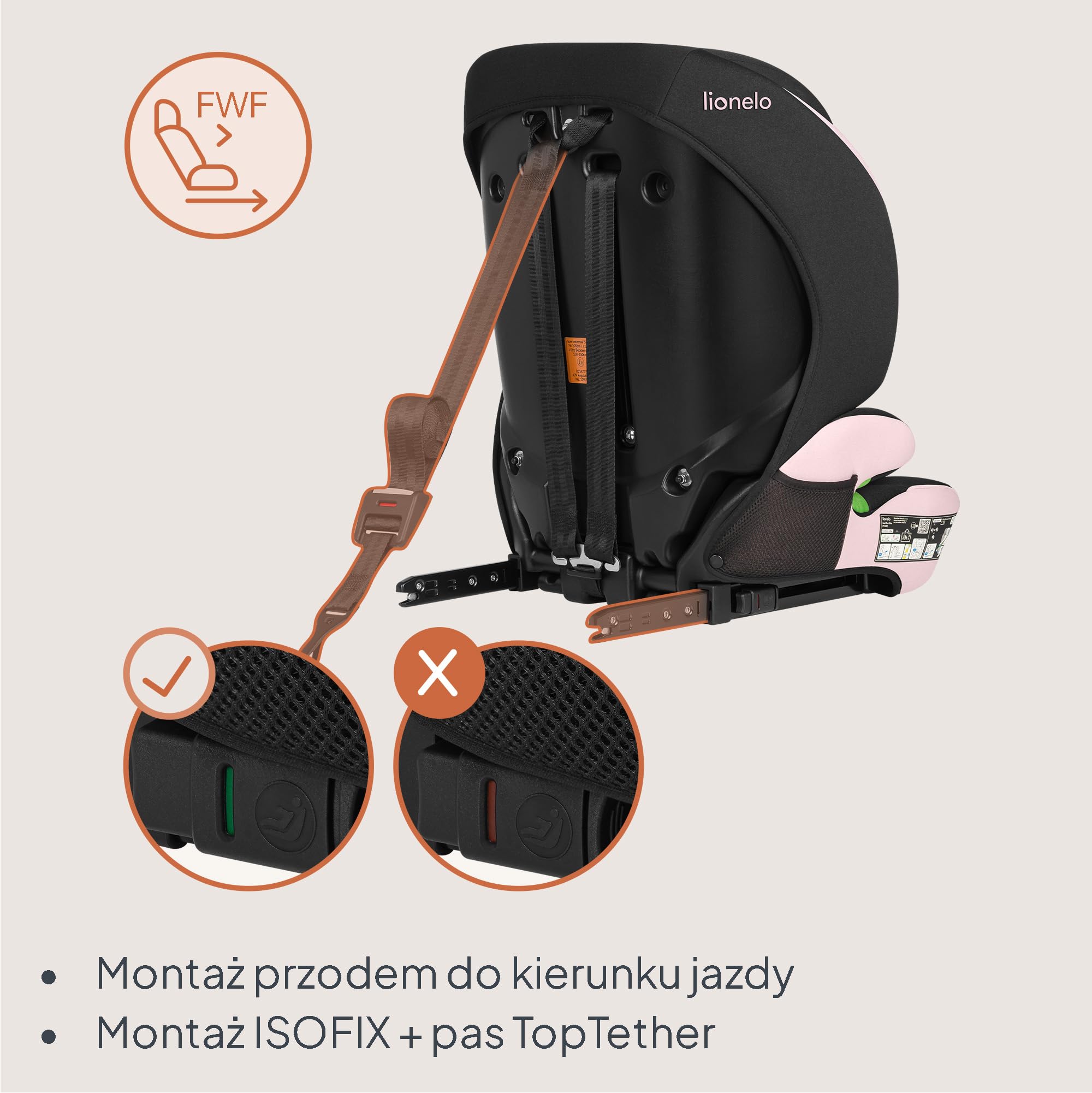 LIONELO LEVI FIX I-SIZE Dziecięcy Fotelik Samochodowy 76-150 cm do 36 kg, Grupa 1 2 3, Ochrona Boczna, 10 stopni Regulacji Zagłówka, Montaż ISOFIX i pas Top Tether, R129 i-Size