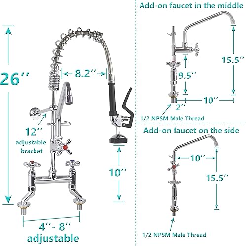 Miniatura 2 de Pulverizador de preenjuague comercial de 4 a 8 pulgadas, montaje en plataforma central, grifo de cocina de 26 pulgadas de altura, doble orificio con