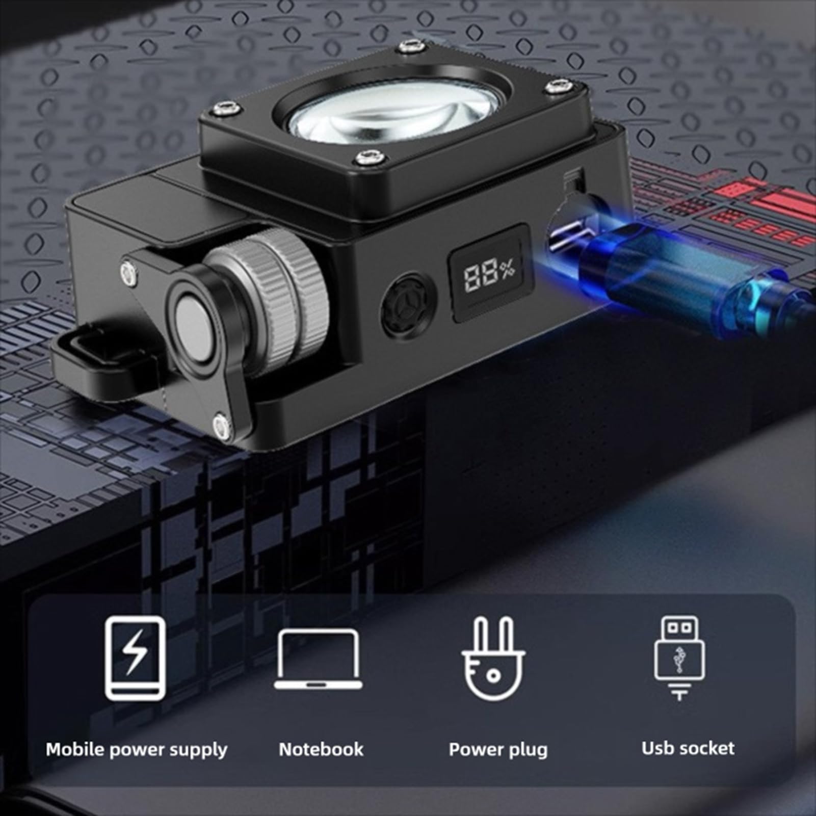Tragbare Campingleuchte, LED-Campinglaterne aus Aluminiumlegierung, 3500 Lm, Wiederaufladbar, mit 5 Modi, LCD-Display, Magnetfuß, für den Einsatz Im Notfallzelt Beim Wandern (BLACK)