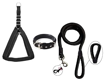 Hachiko:-(Combo of 3) Nylon Padded Adjustable Dog Harness+Collar+Rope(Large,Black)