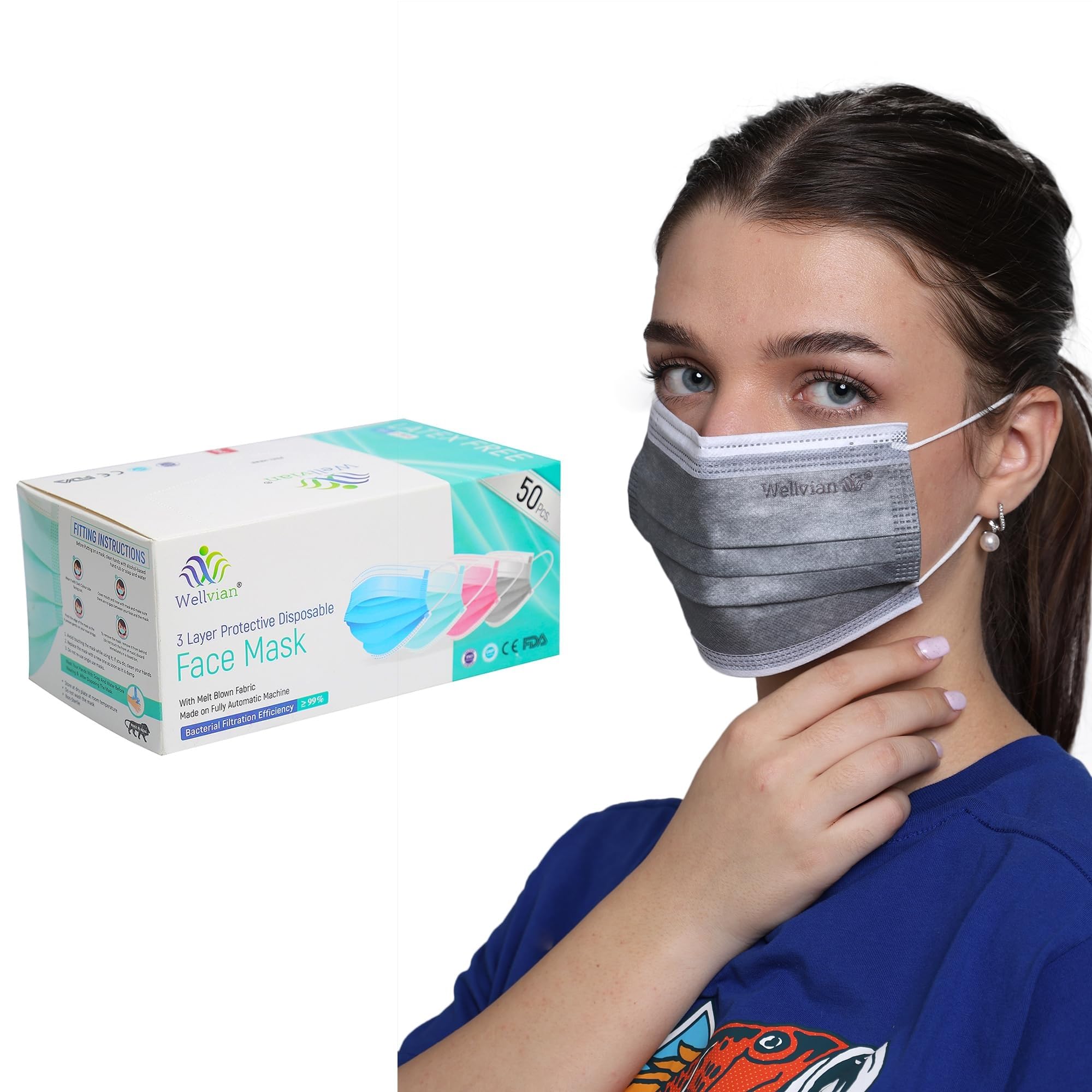 Wellvian Adult Mask Disposable Face Mask Meltblown Mask Surgical Face Mask With Nose Pin & Latex Free Ear Loops Bfe = 99% Colour : Grey Pack Of 50 Pcs (B0CKWBVXTG) Amazon Price History, Amazon Price Tracker