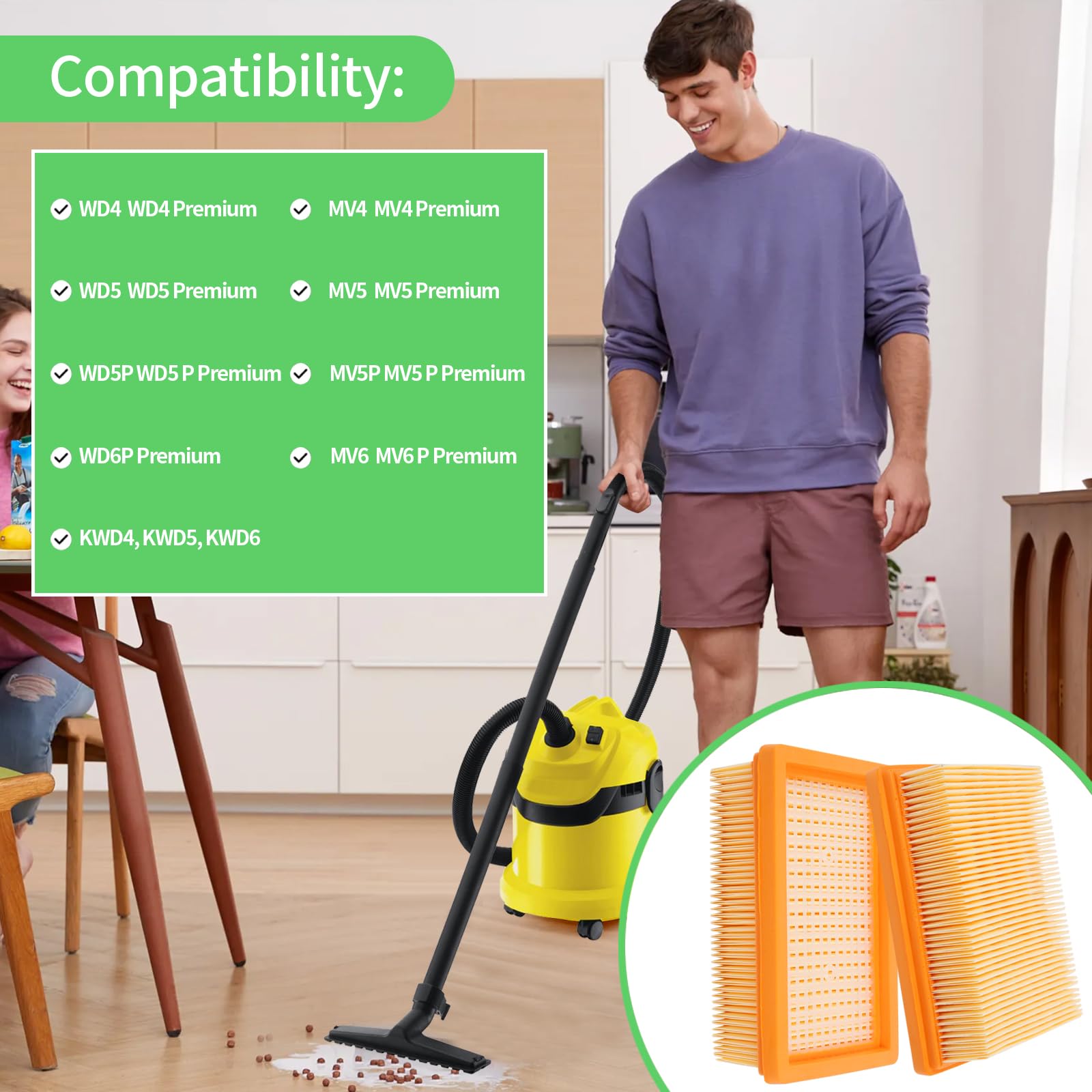 3 platte vouwfilters voor Kärcher stofzuiger: stofzuigerfilter filter reserveonderdelen voor Kärcher WD4 WD5 WD6 MV4 MV5 MV6, 3 filters voor mensen met een allergie voor fijnstof