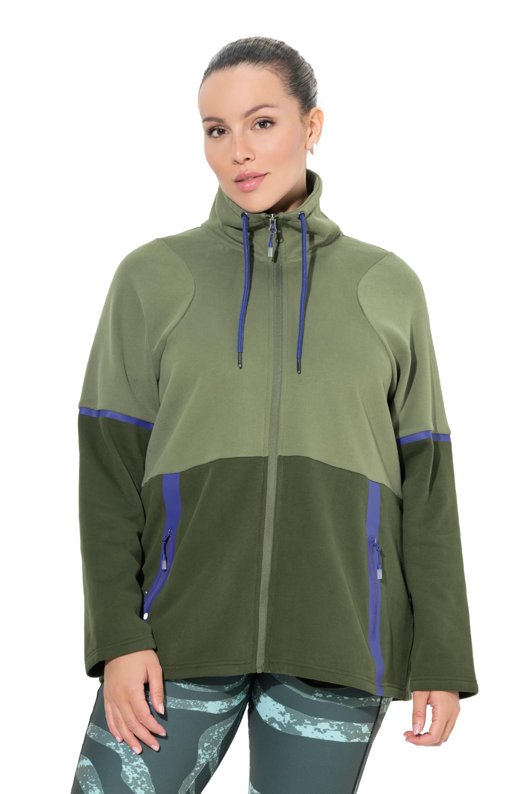 Ulla Popken Damen große Größen Übergrößen Plus Size Sweatjacke, zweifarbig, Stehkragen, Reißverschlusstaschen 819095