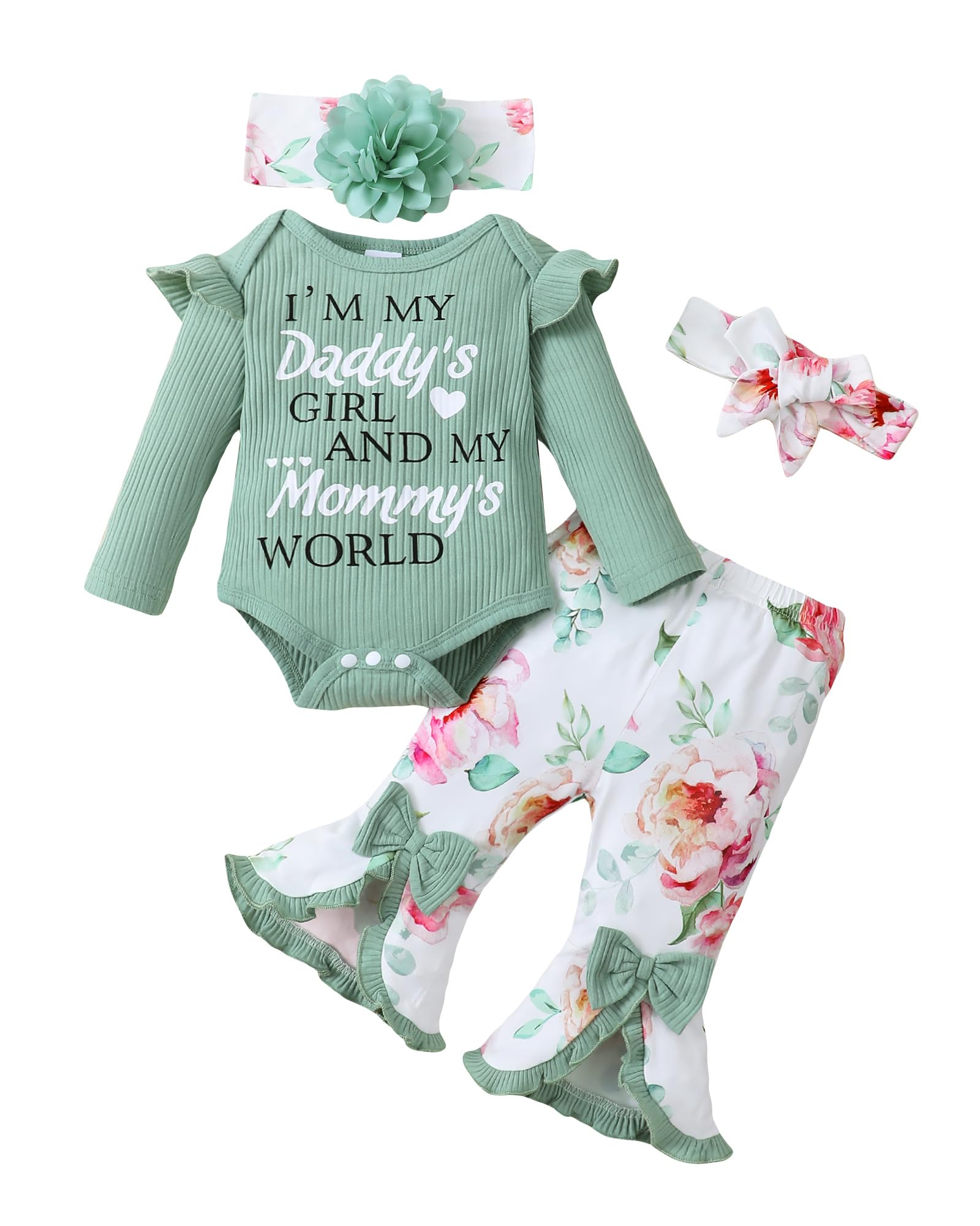 SUNNY PIGGY Newborn Baby Girl Clothes Infant Outfits Romper Floral Fall Outfit Bell Bottoms Pant Sets Hat Headband