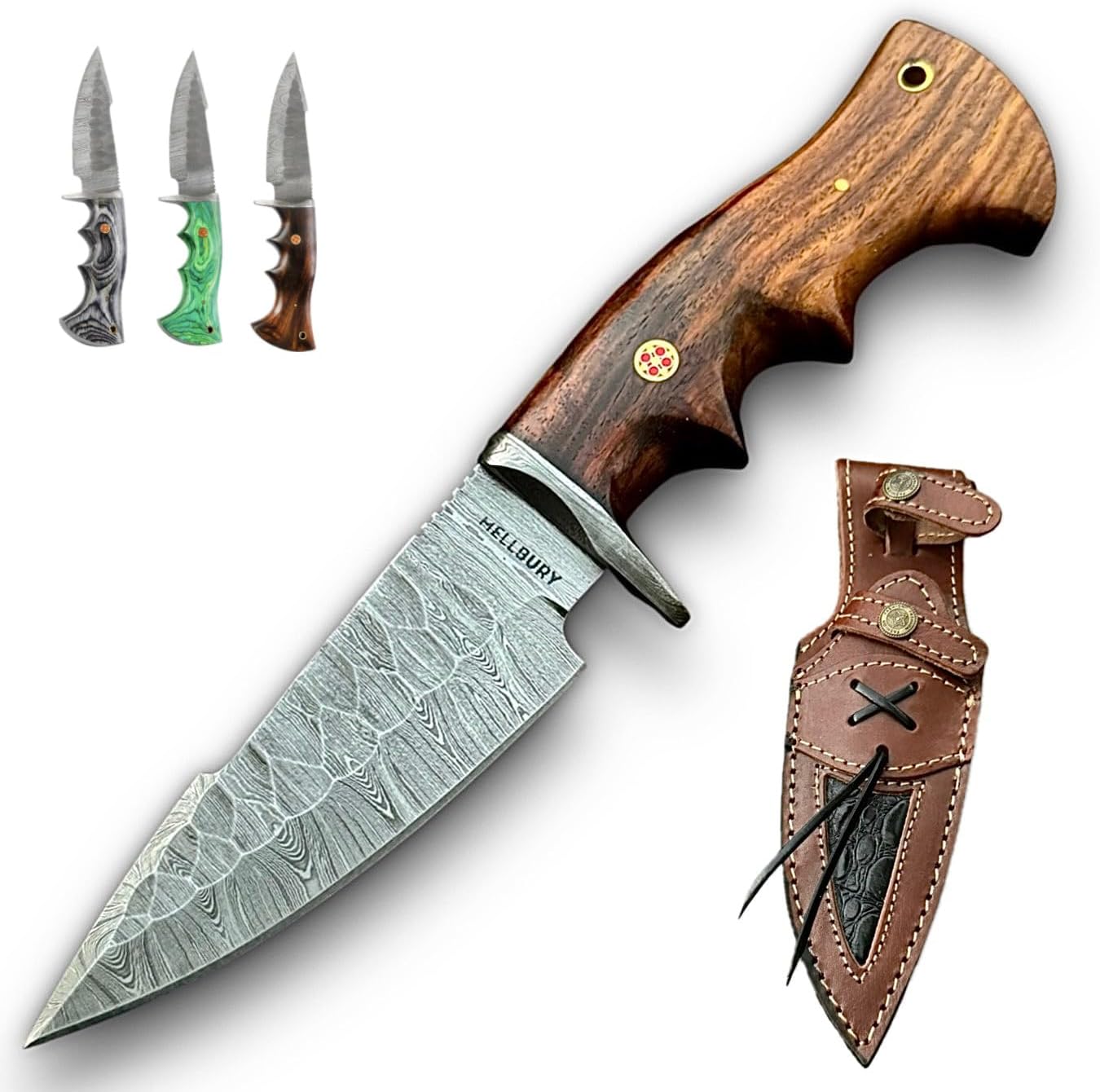 Handmade Damascus Steel Hunting Knife with Leather Sheath. 10" Fixed Blade Tactical Knife for Men - Premium Rosewood Handle with Comfortable Grip best for Hunting and Camping. (Rose Wood)