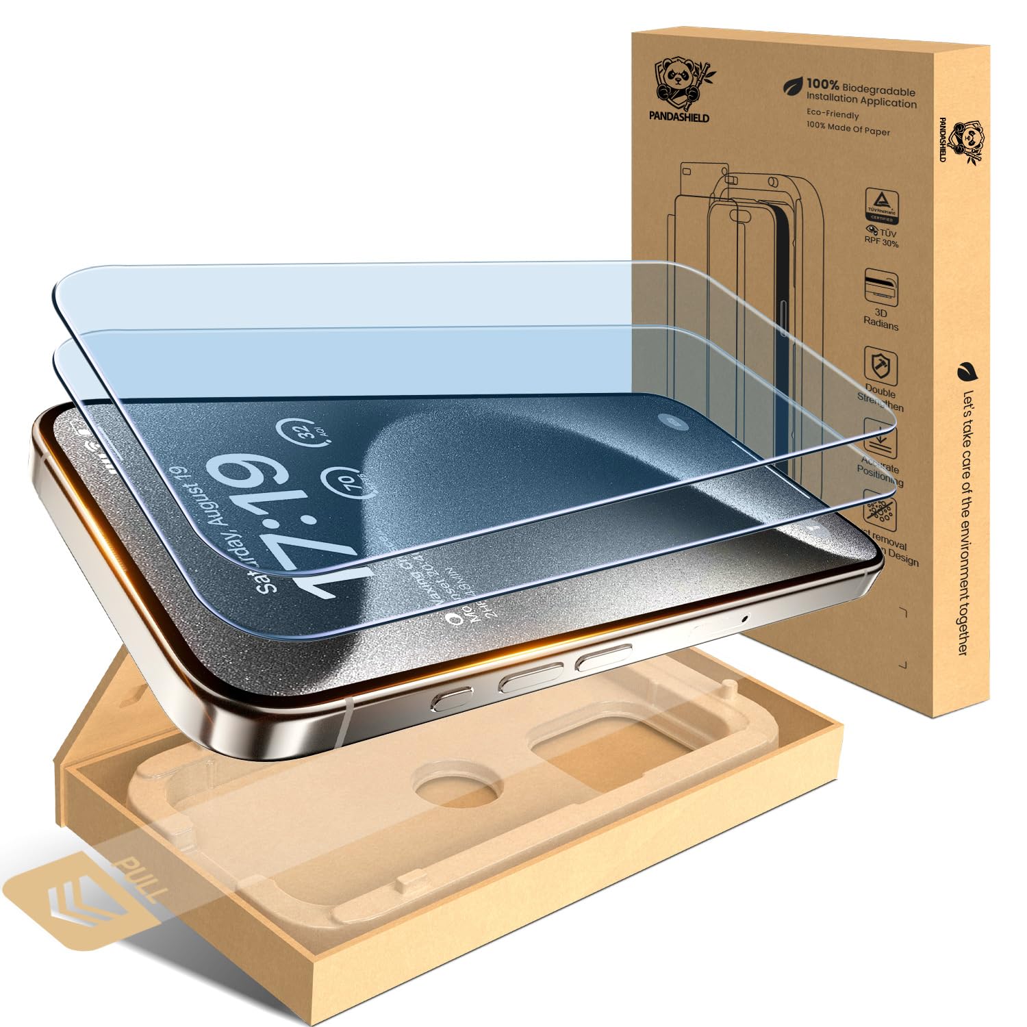 PandaShield 2-Pack Anti-Blue Light(TÜV RDF-30) Screen Protector for iPhone 15 Pro 10X Strengthened 9H Tempered Glass with Paper Dust-Free Alignment