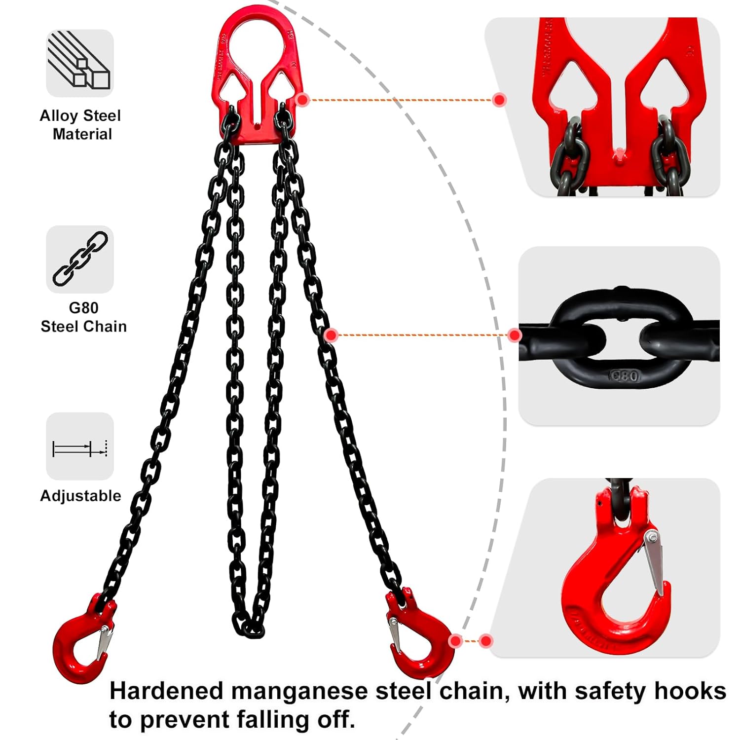 Adjustable Chain Sling 10FT 5/16”, 3.18 Ton G80 Alloy Steel Double Leg Slings with 2 Safety Grab Hooks, 2 Way Chain Slings Heavy Duty with Standard Marking