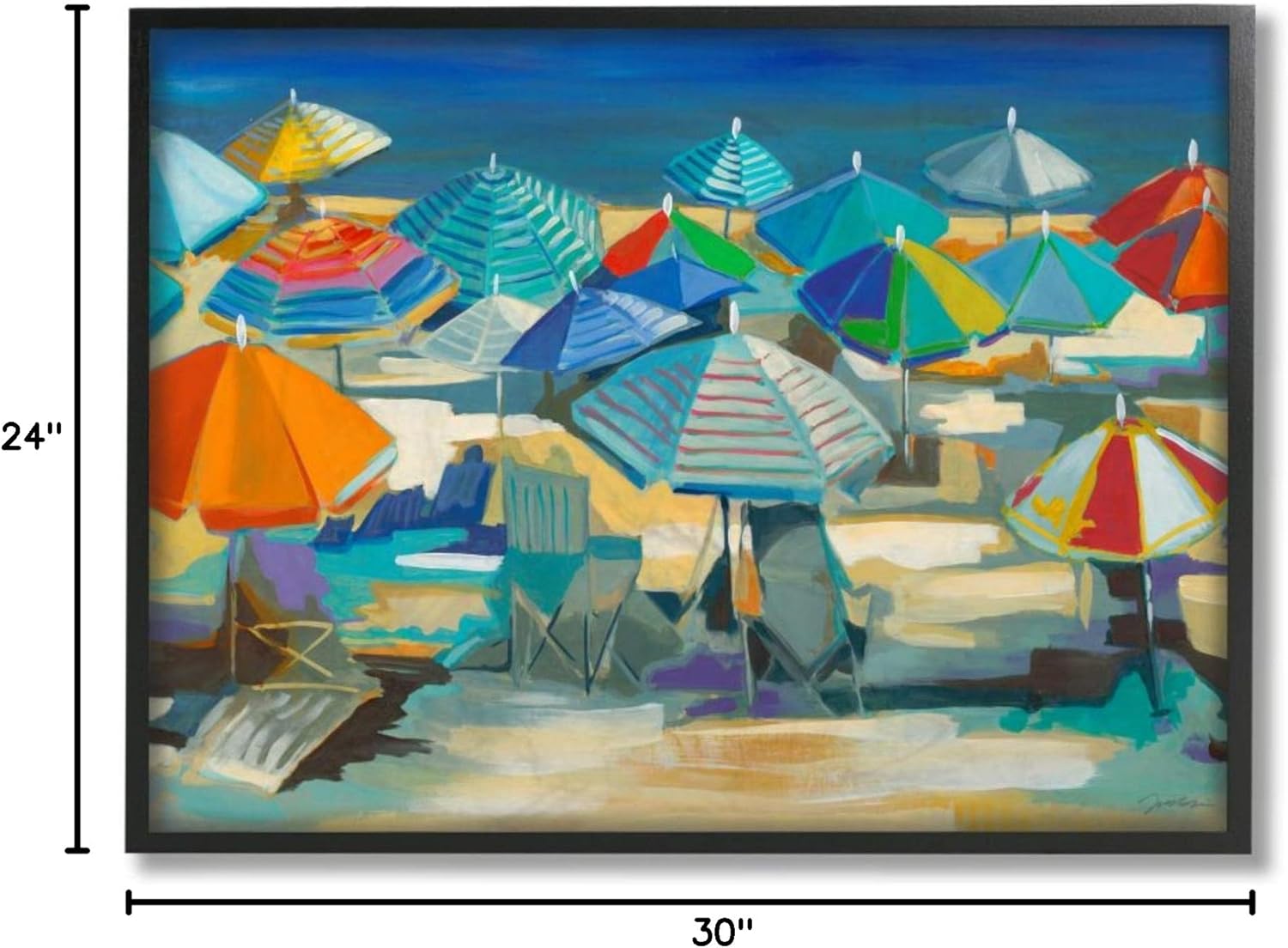 Stupell Industries Colorful Beach Umbrella Landscape Nautical Deep Blue Third Black Framed Wall Art, 24 x 30