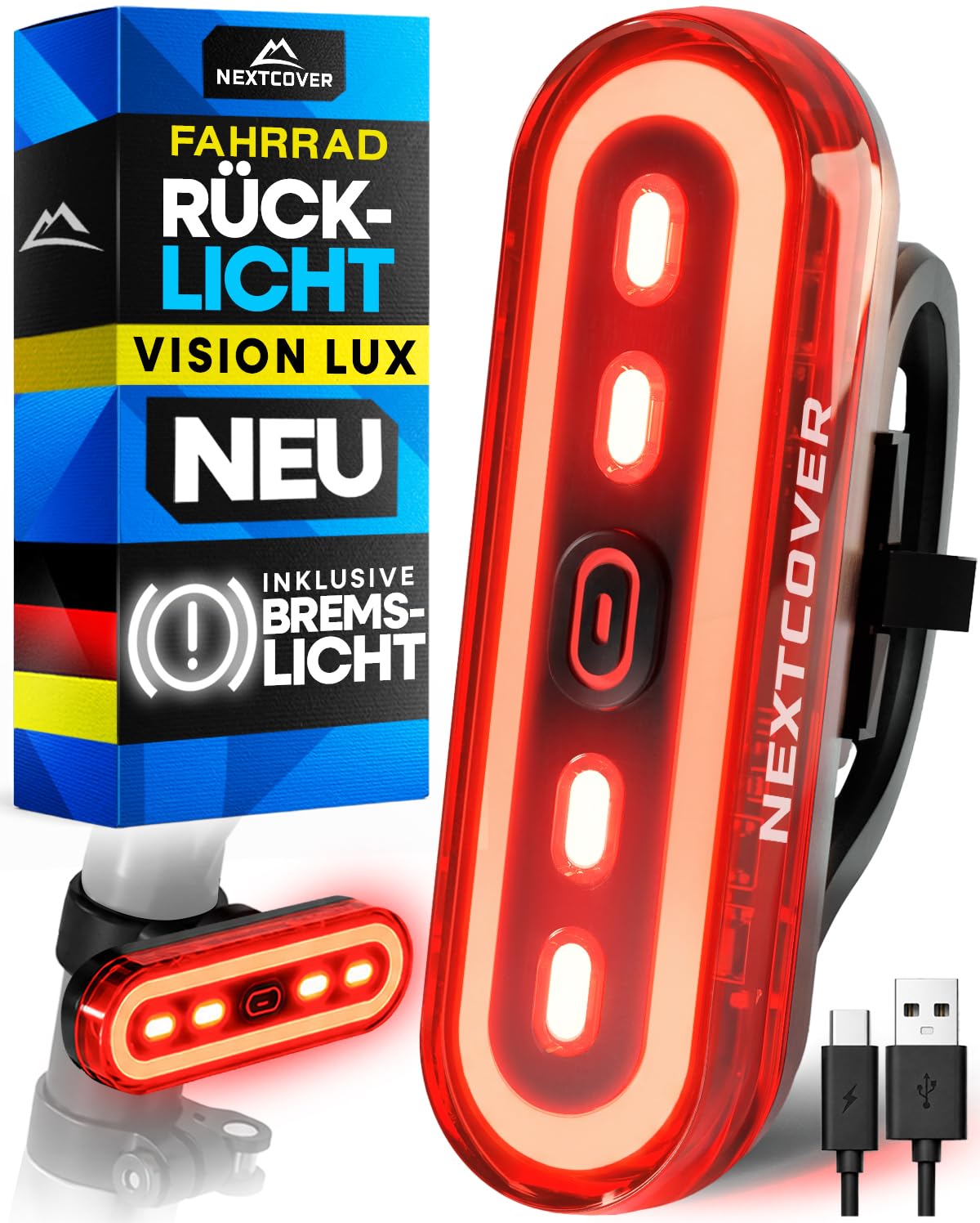 NEXTCOVER® Rücklicht Fahrrad mit [VisionLux] LEDs und Bremslicht I StVZO zugelassen I LED Fahrradrücklicht mit 8 Stunden Akku I Fahrradlicht hinten für Rennrad, E-Bike, Fahrrad Rücklicht blinkend