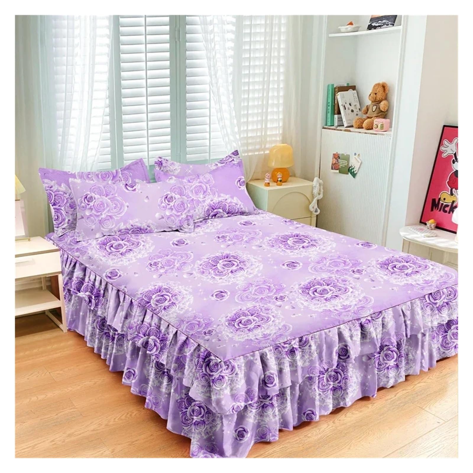 Funda edredón con sábana de lino y falda de cama impresa lavable para tamaño matrimonial